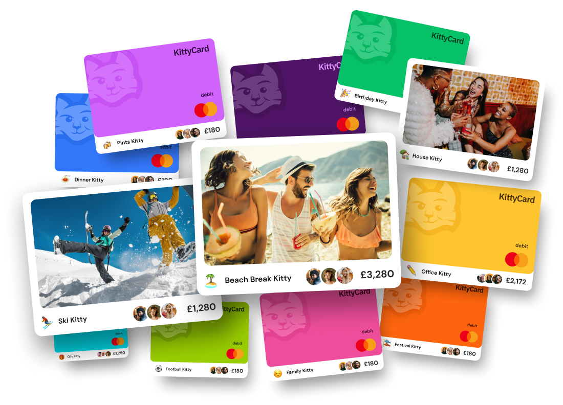 KittyCard shared bank account cards for every group occasion — ski trips, beach holidays, house shares, office teams, family expenses, festivals, football clubs, birthdays, dinners and rounds of drinks with friends, bill splitting made easy