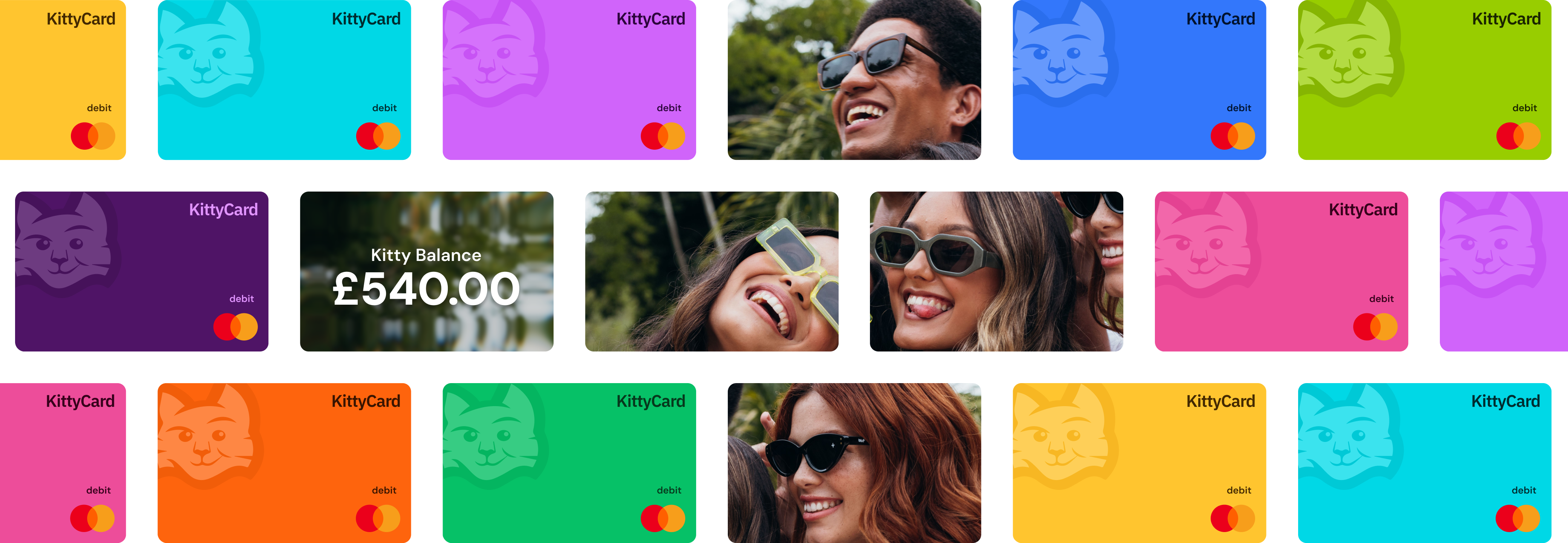 Grid of colourful KittyCard shared bank account debit cards for friends and family — Mastercard-powered cards linked to a shared balance, used for splitting group expenses, funding trips and holidays, and managing everyday shared spending together