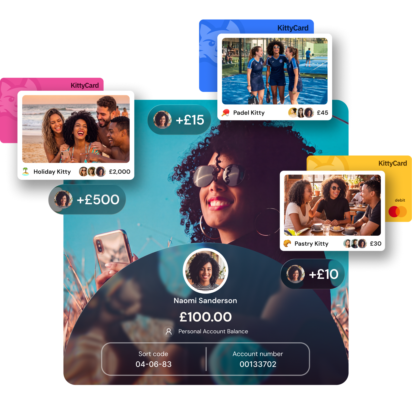 KittyCard personal account with a real sort code and account number, used to top up shared Kittys