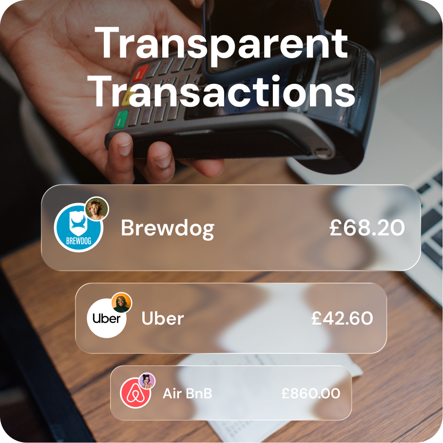 KittyCard real-time transaction tracker showing shared group spending on places like Brewdog, Uber and Airbnb, so everyone can see exactly where the money's going