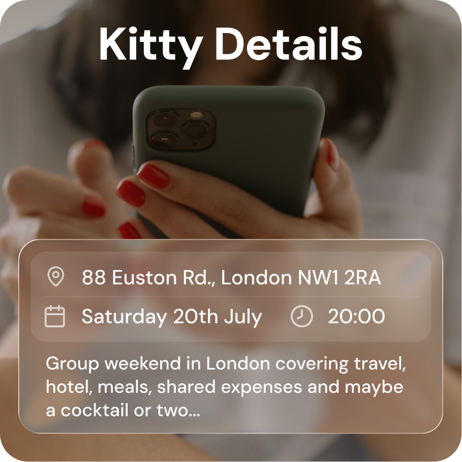 KittyCard app screen showing trip details for a group weekend away, used as a group expense planner to organise travel, hotel and shared costs in one place
