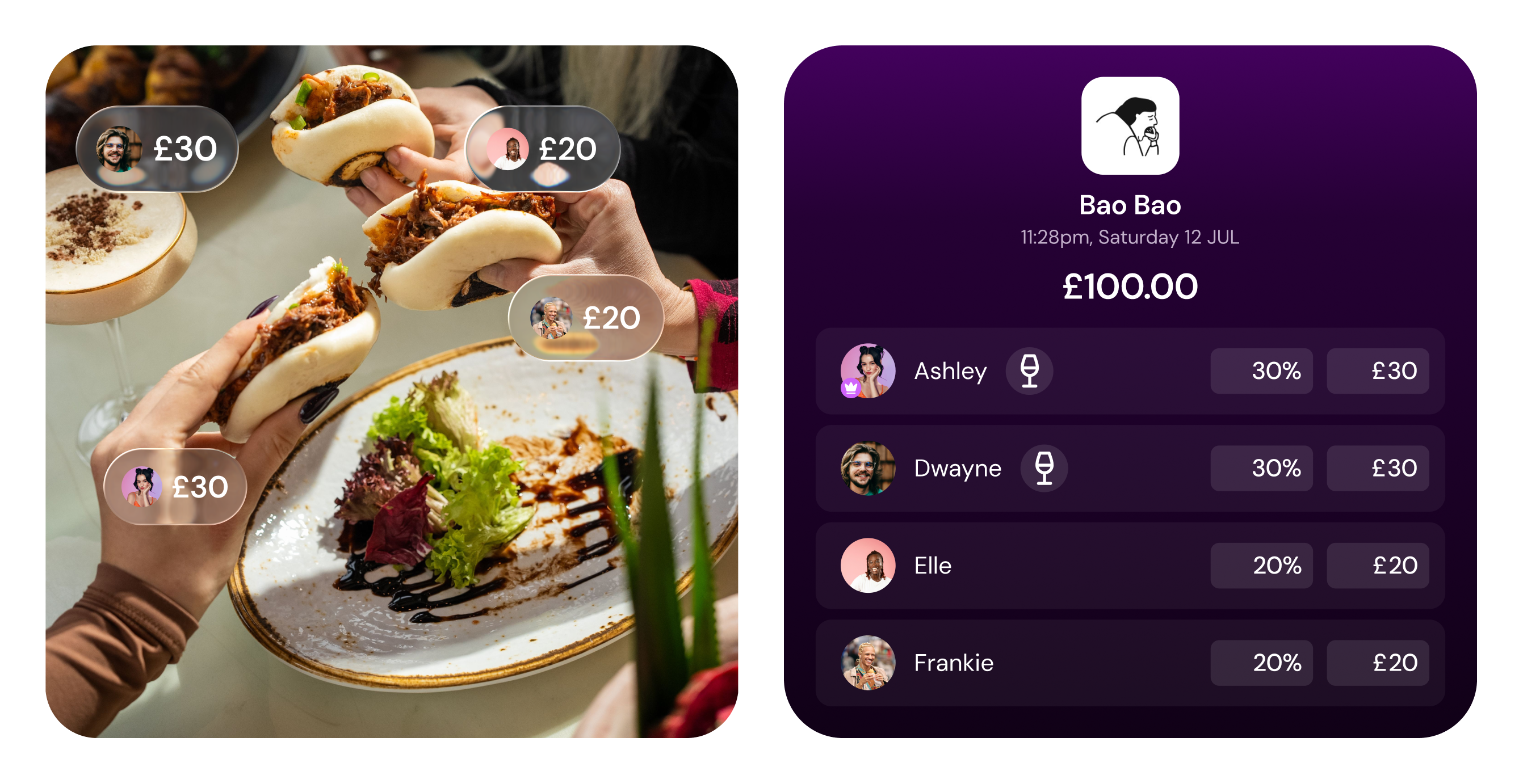 Friends using the KittyCard app to split a restaurant bill for dinner, a bill-splitting app for friends that works better than Splitwise for group meals and nights out