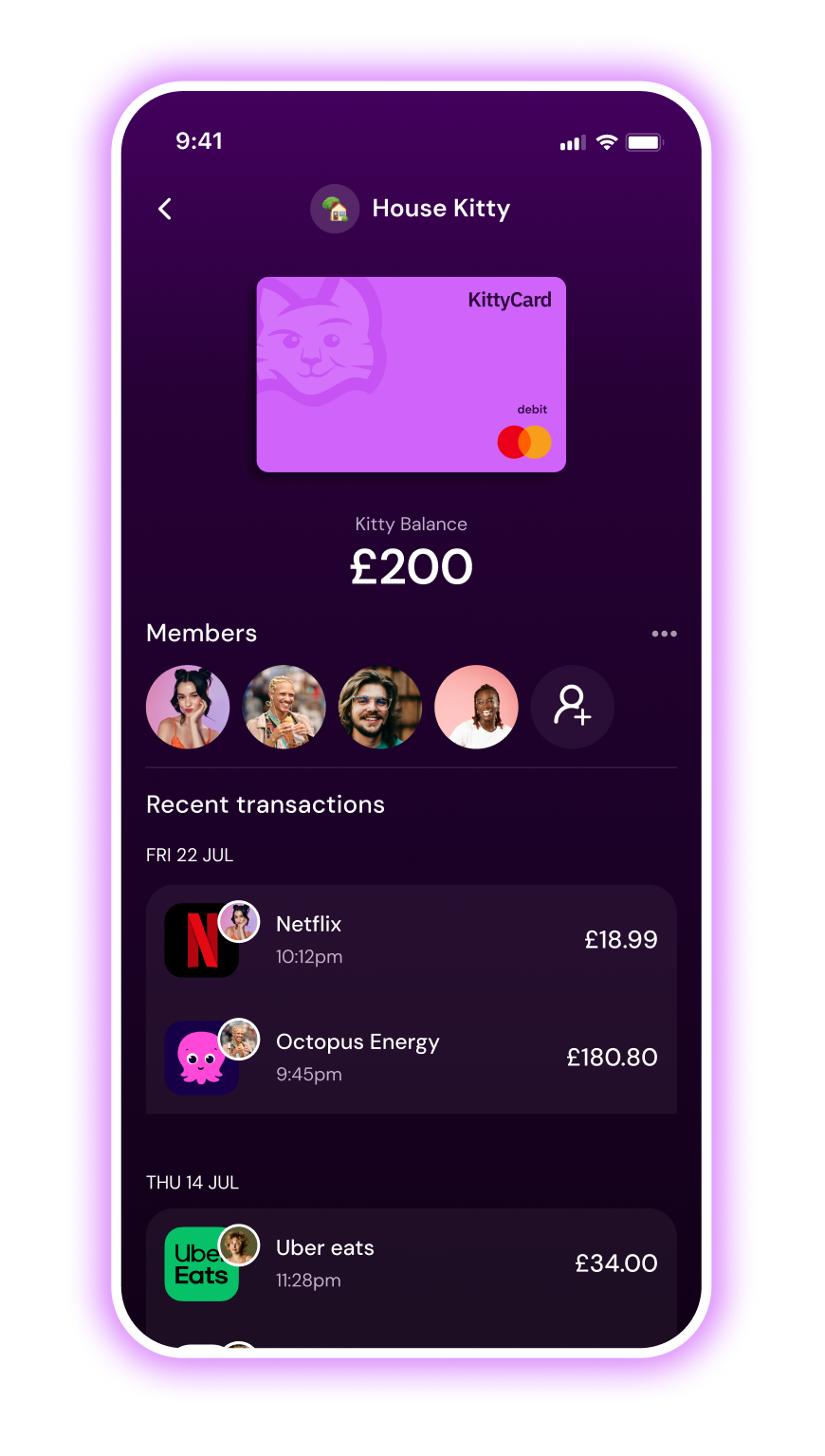 KittyCard House Kitty screen showing a shared account for housemates, used to split household bills and takeaways such as Netflix, Octopus Energy and Uber Eats from one shared balance