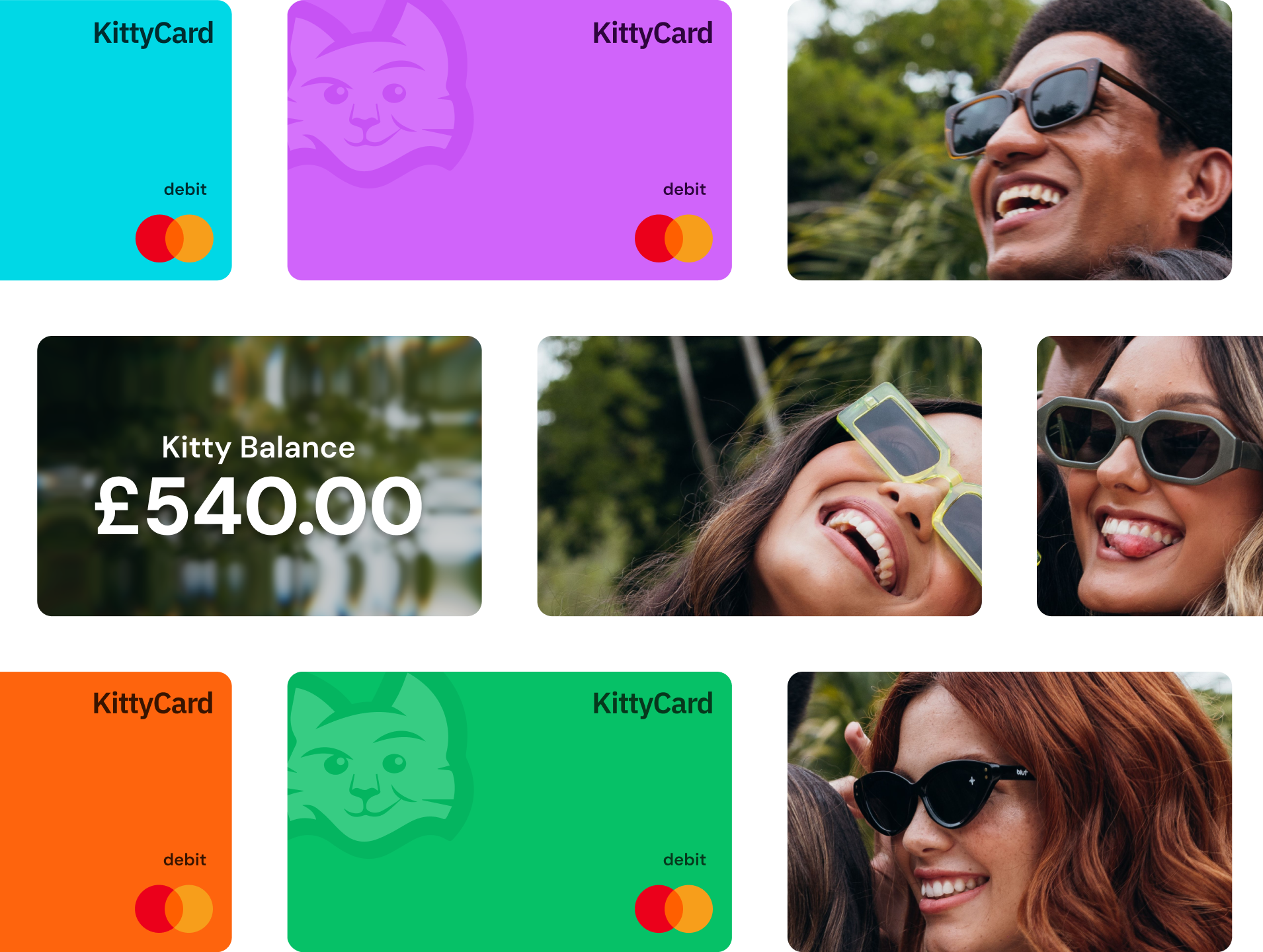 Colourful KittyCard debit cards for every member of a group, all spending from one shared Kitty