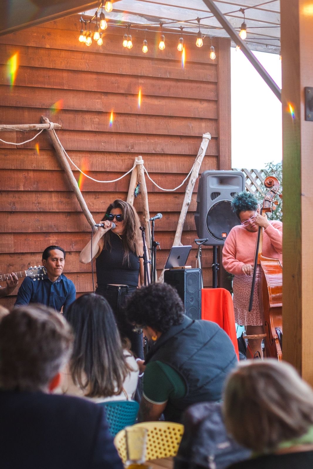 Soul Sessions performs live with a musician seated at the left dressed in a button up blue shirt, a singer at centre wearing sunglasses and dressed in black, and a musician to the right playing an upright bass and dressed in a coral pink sweater and patterned skirt.