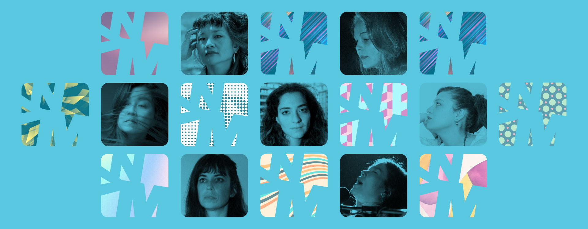 Over a light blue backdrop, a collage of seven performers in separate square portrait photos, each with different poses, are arranged in an alternating pattern with square textured abstract images.