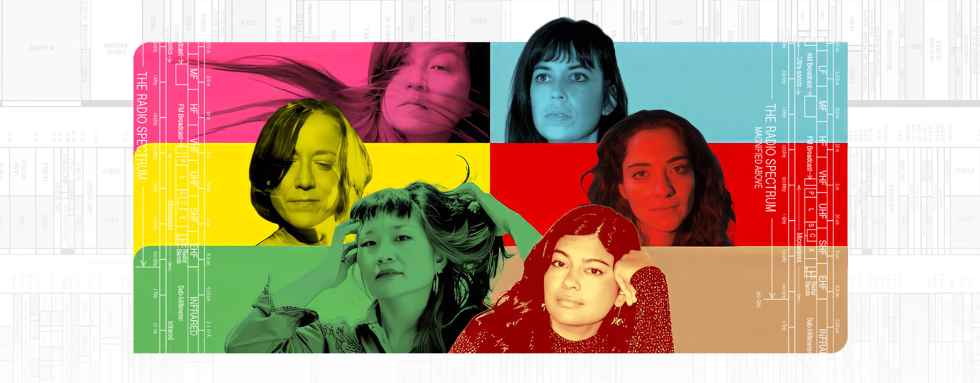 A collage of six women with colorful backgrounds: pink, blue, yellow, green, red, and brown, with faint text about the radio spectrum in the background.