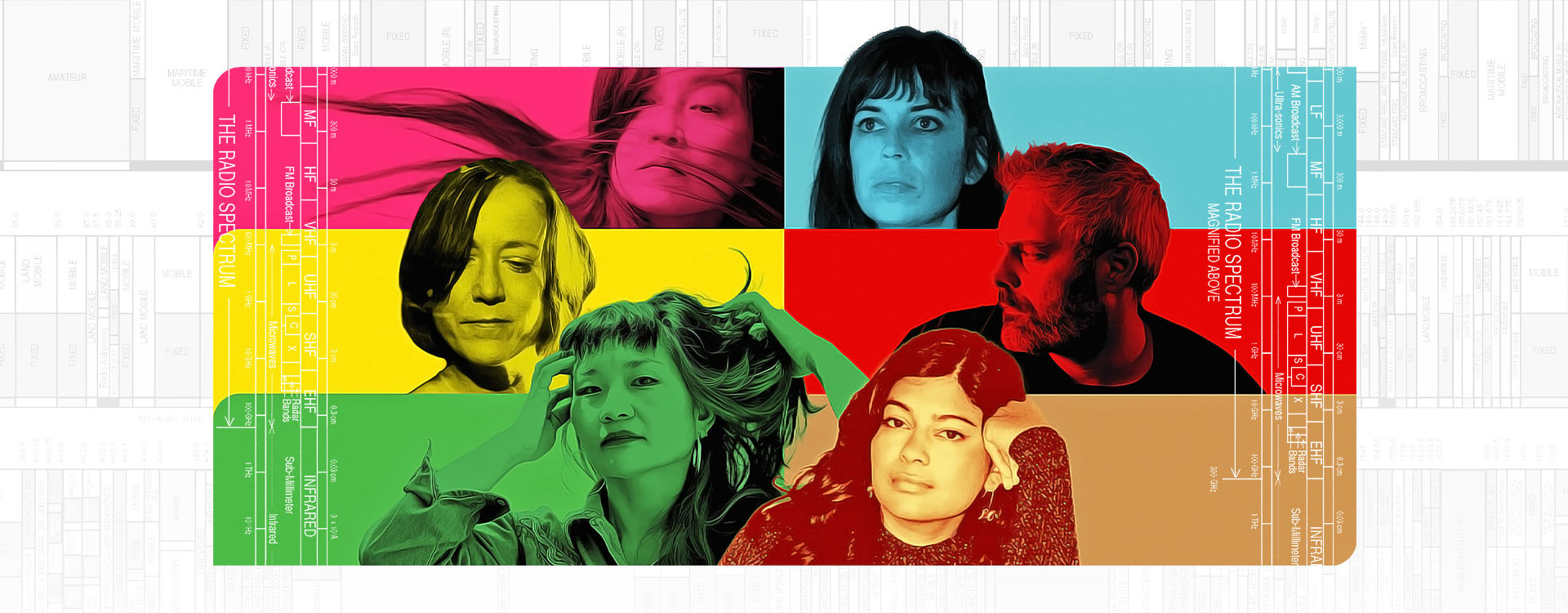 A collage of six people with colorful backgrounds: pink, blue, yellow, green, red, and brown, with faint text about the radio spectrum in the background.