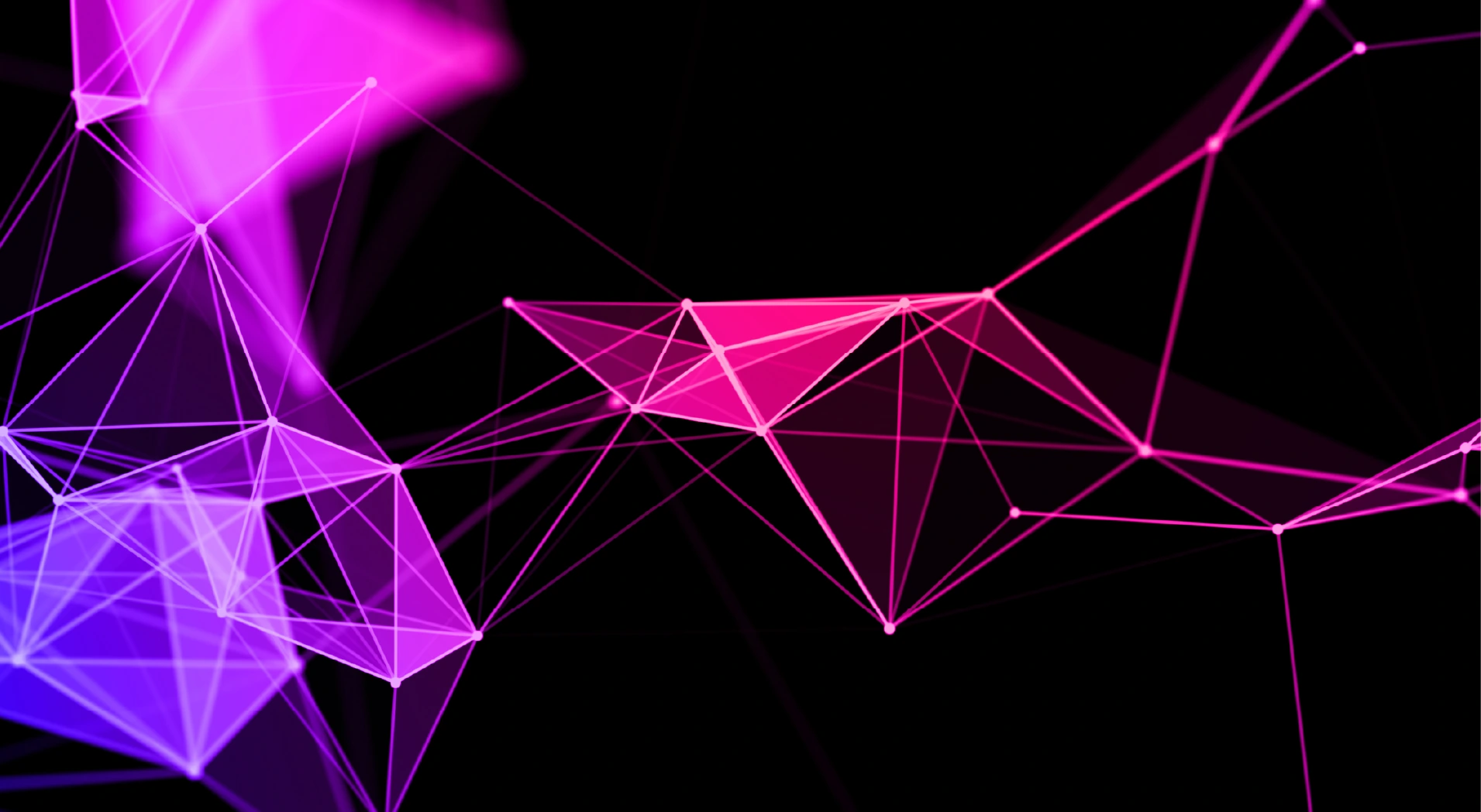 Abstract network of pink and purple interconnected glowing lines and nodes on a black background.