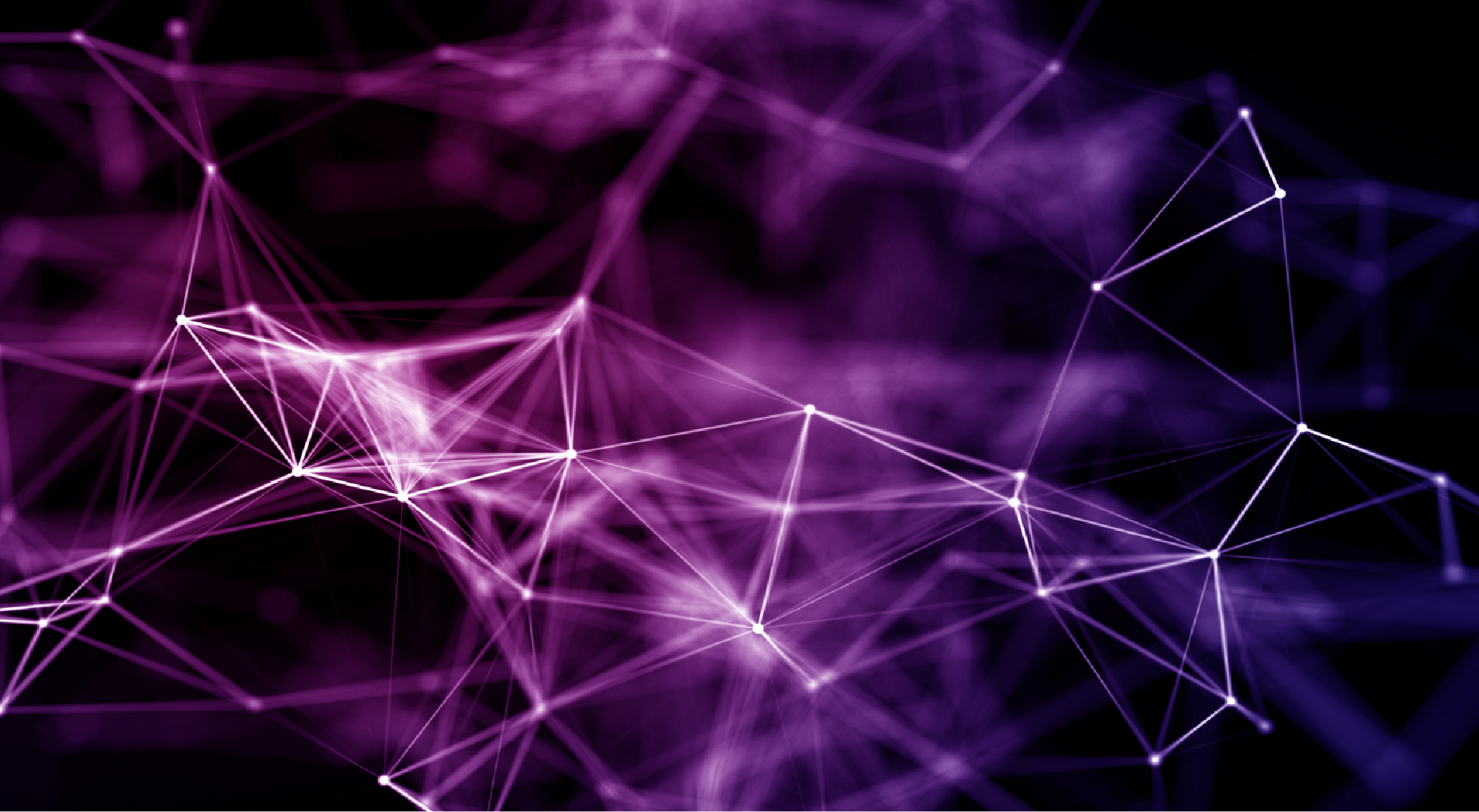 Abstract network of interconnected glowing purple and pink points and lines on a black background.