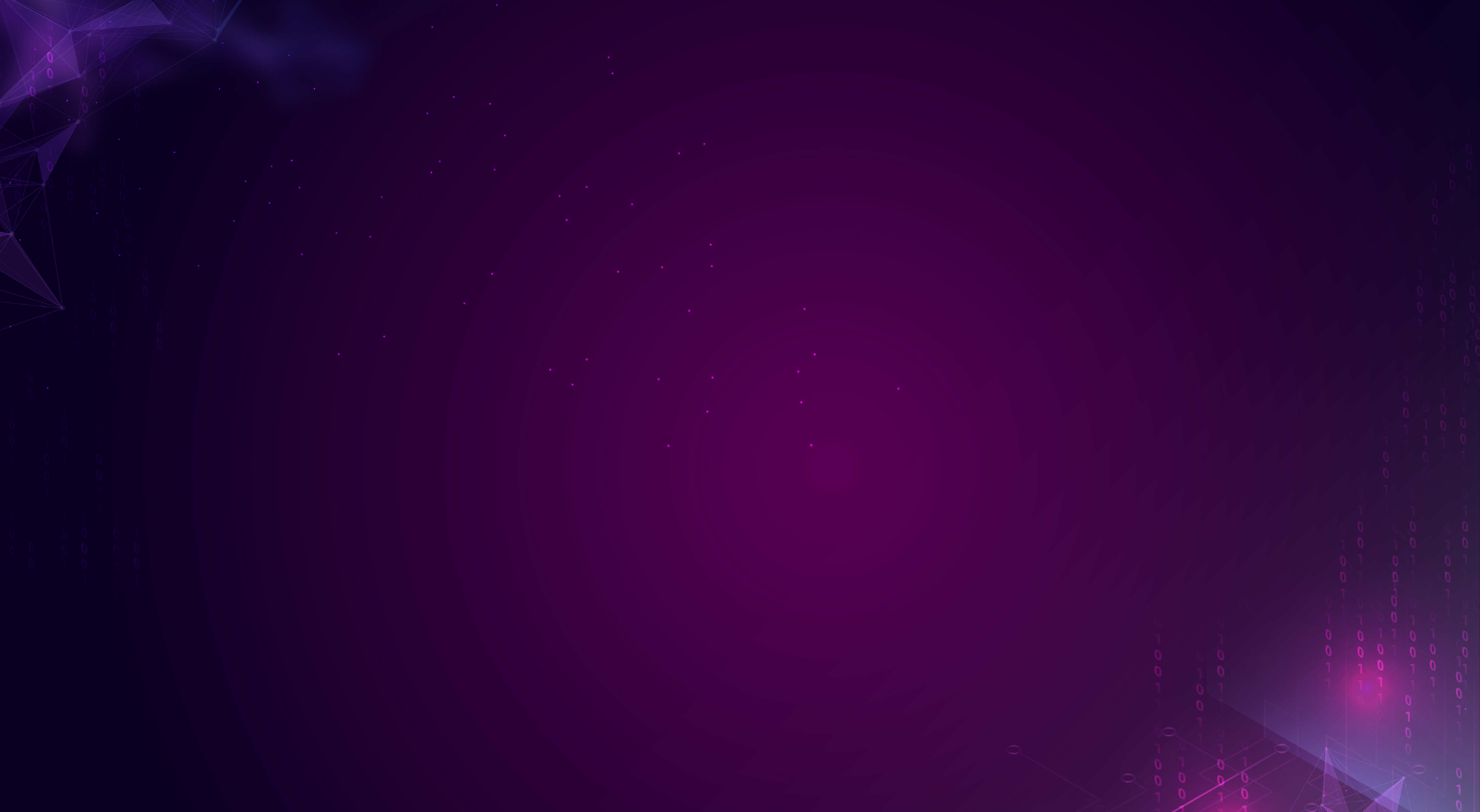 Dark purple digital background with abstract geometric shapes and glowing binary code streams.
