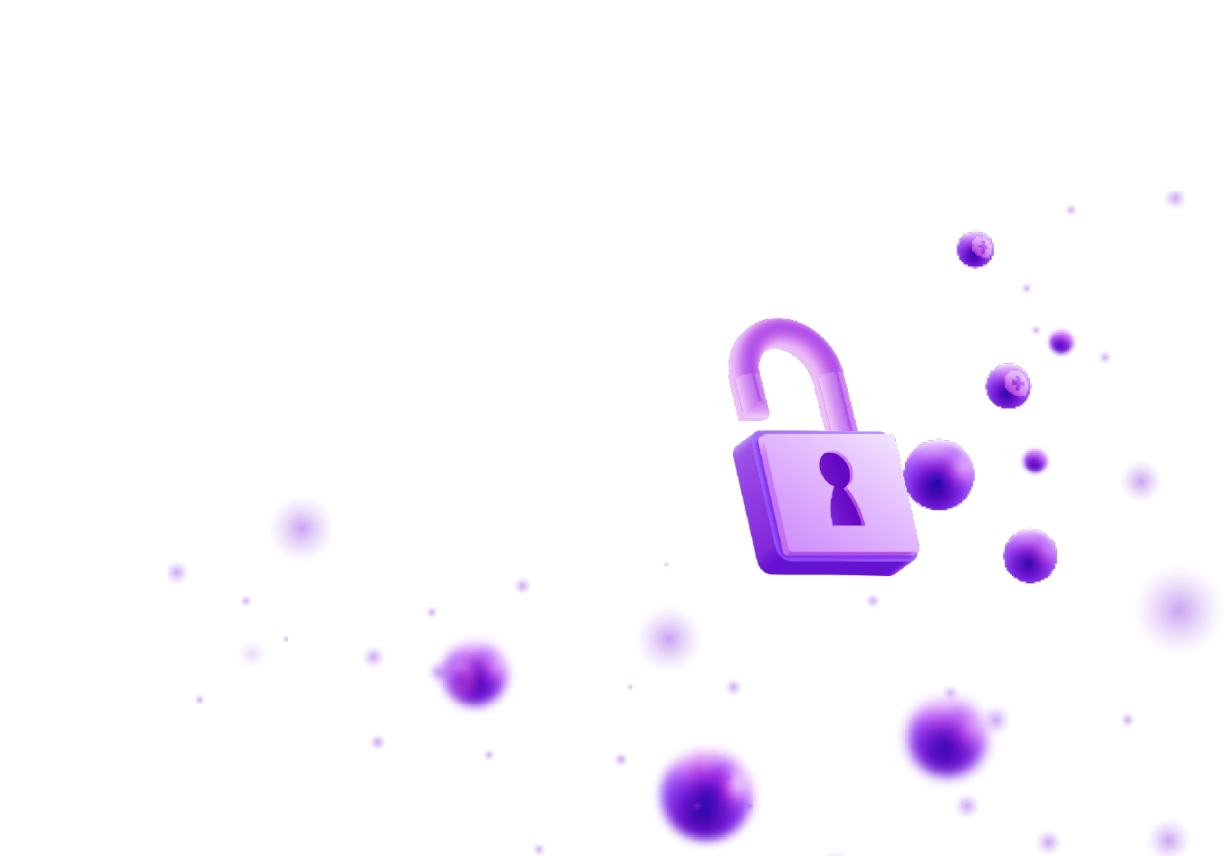 Purple open padlock surrounded by floating purple spheres on a white background.