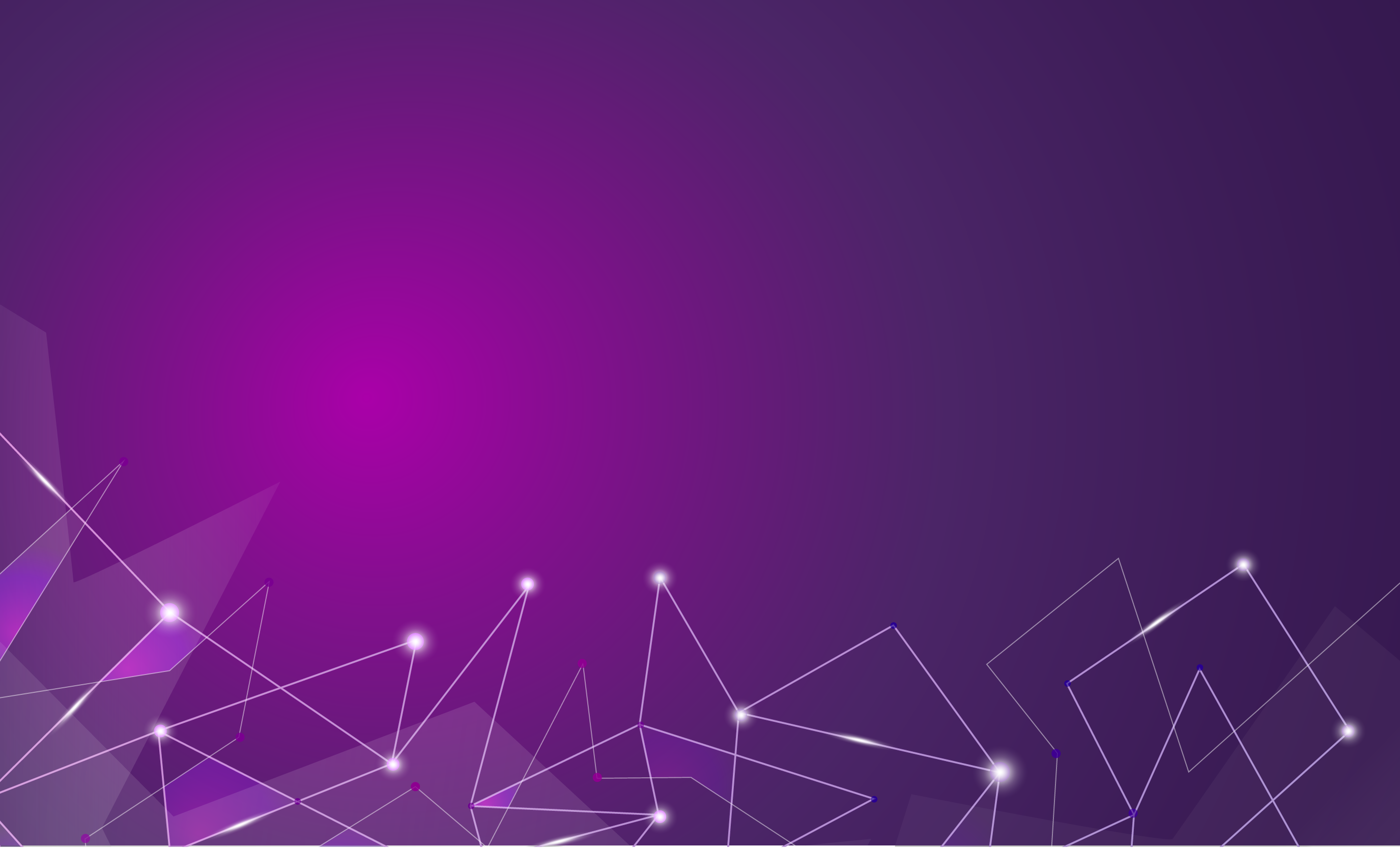Abstract purple background with glowing connected nodes and translucent polygon shapes along the bottom.
