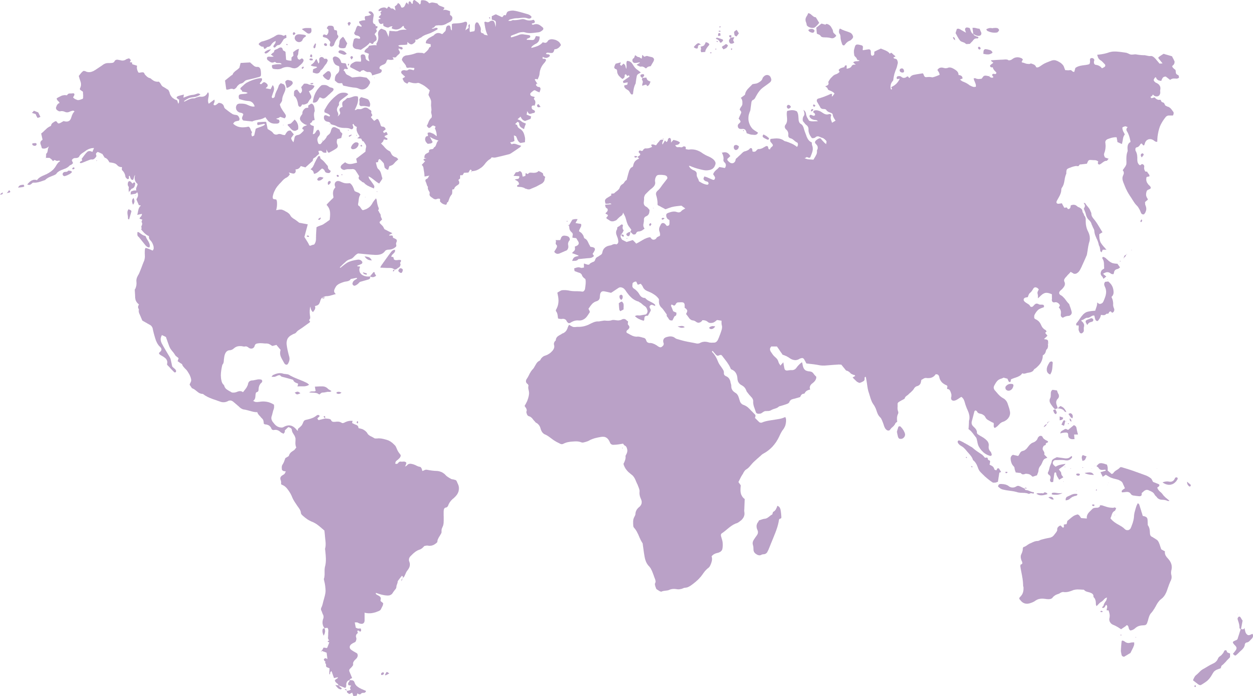 World map showing all continents in solid purple on a black background.
