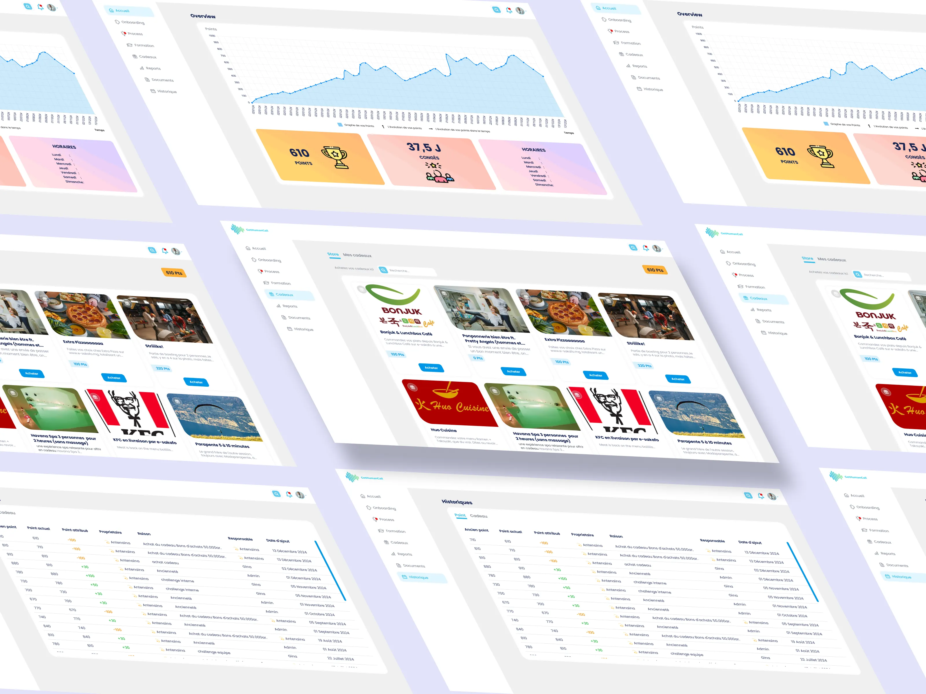 Conception et développement d’une application web fonctionnelle et responsive pour Gethumancall à l’aide de l’outil no-code Bubble.io, permettant aux agents de service client de gérer leurs points mensuels, d’accéder à un store interne, et de simplifier leurs démarches administratives.