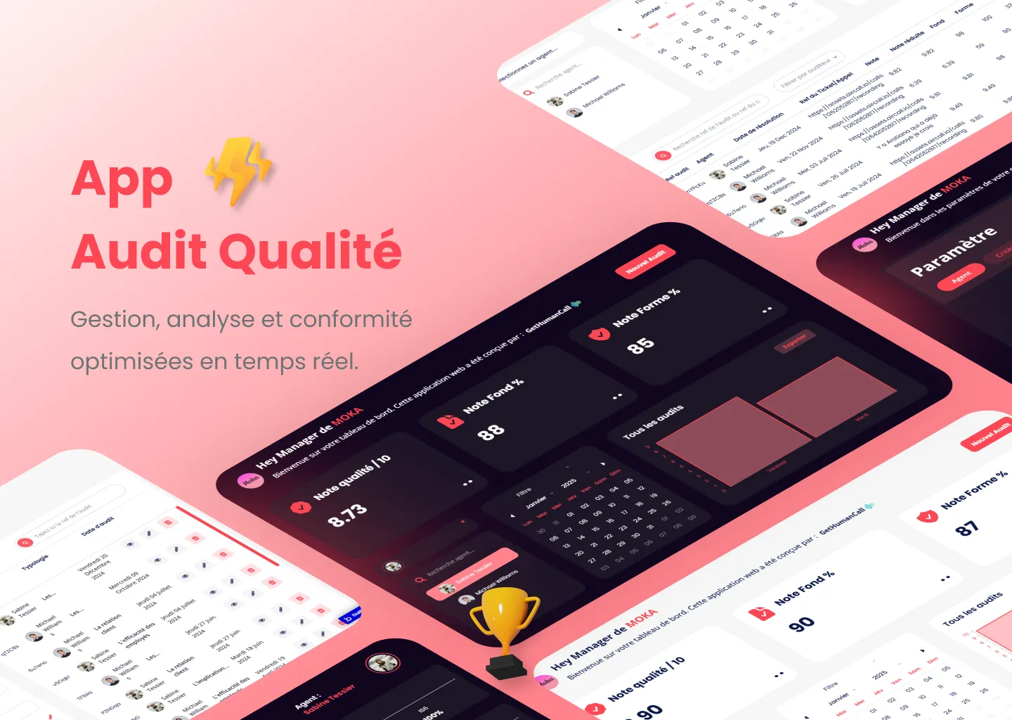 Conception et développement d’une application web SaaS no-code pour Gethumancall, baptisée "App Audit Qualité". Réalisée avec Bubble.io pour l’intégration et Figma pour le design UI/UX, cette application permet d’évaluer la performance des agents de service client, d’assurer la qualité de leurs tâches et d’optimiser leurs résultats grâce à des outils de suivi, d’analyse et de contrôle avancés.