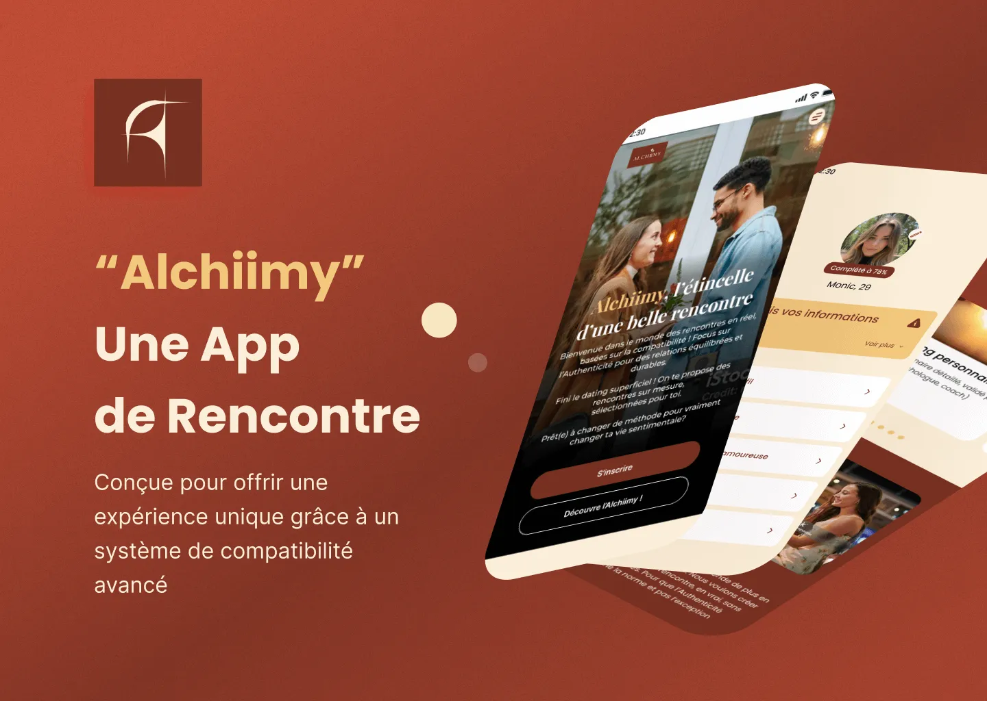 Alchiimy est une application de rencontre nouvelle génération conçue pour offrir des connexions authentiques grâce à un système de compatibilité avancé. Les utilisateurs répondent à une série de questions thématiques ; une matrice définie par les clients calcule alors un score précis, enrichi par une couche d’intelligence artificielle afin de proposer des matchs réellement pertinents.
Contrairement aux plateformes classiques, Alchiimy remet l'humain au centre : pas de swipe, pas de choix aléatoires. Chaque rencontre est soigneusement orchestrée depuis l'application jusqu’au rendez-vous final.