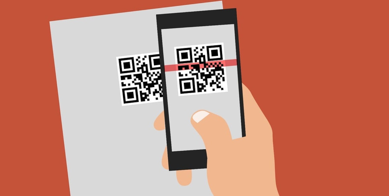 An illustration of a hand that holds a smartphone to scan a qr code