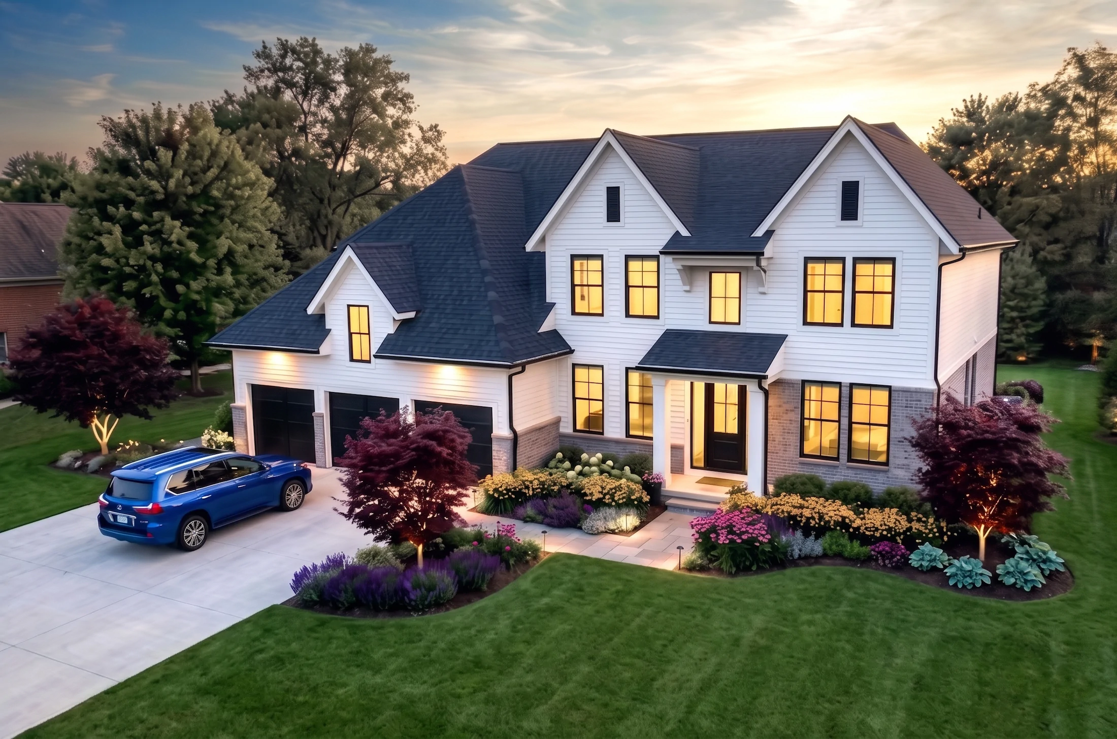 White farmhouse-style single-family home at dusk with colorful landscaping at Troy Trail North