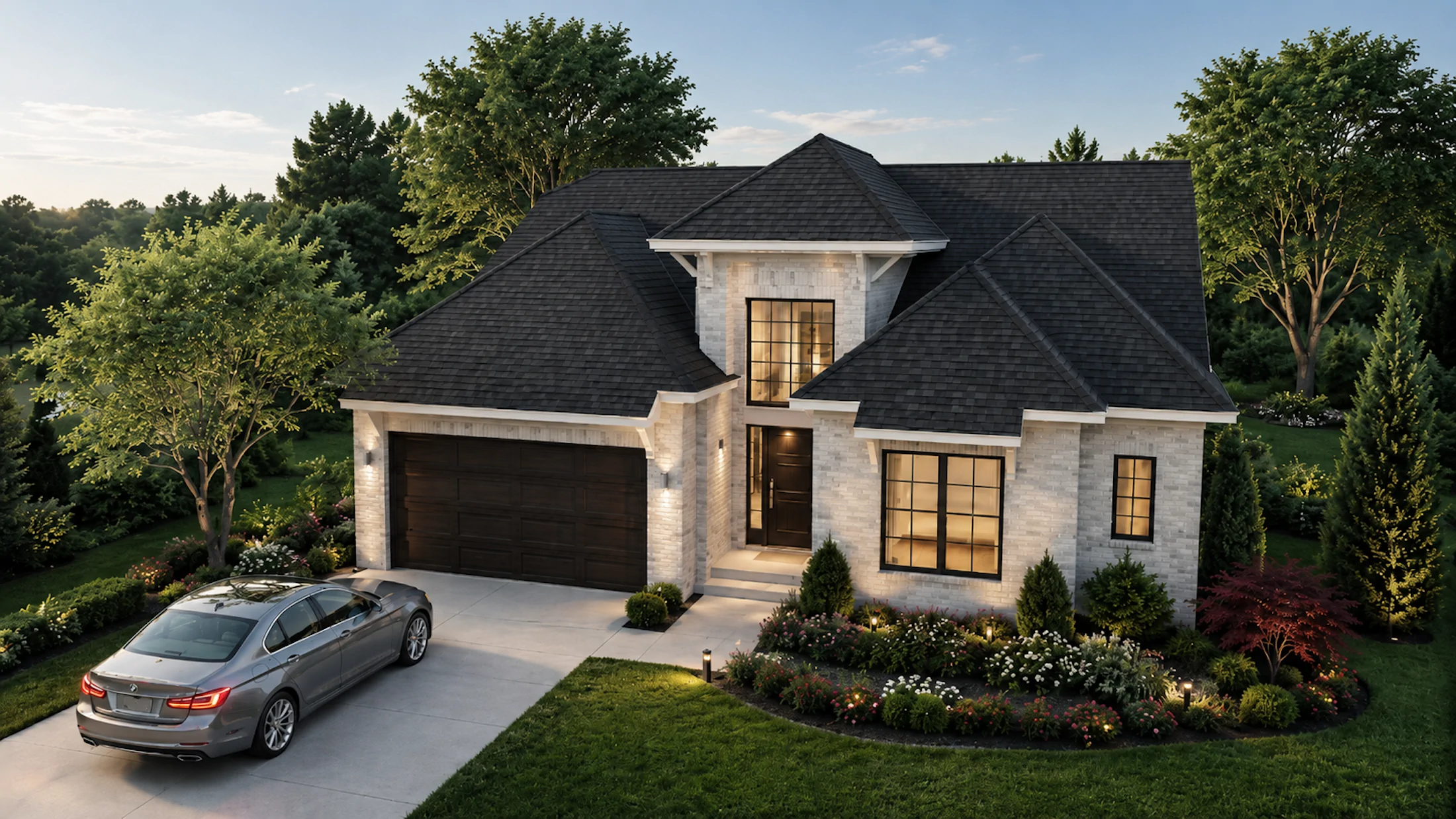 Single-level home with stone exterior and landscaped entry at Troy Trail North