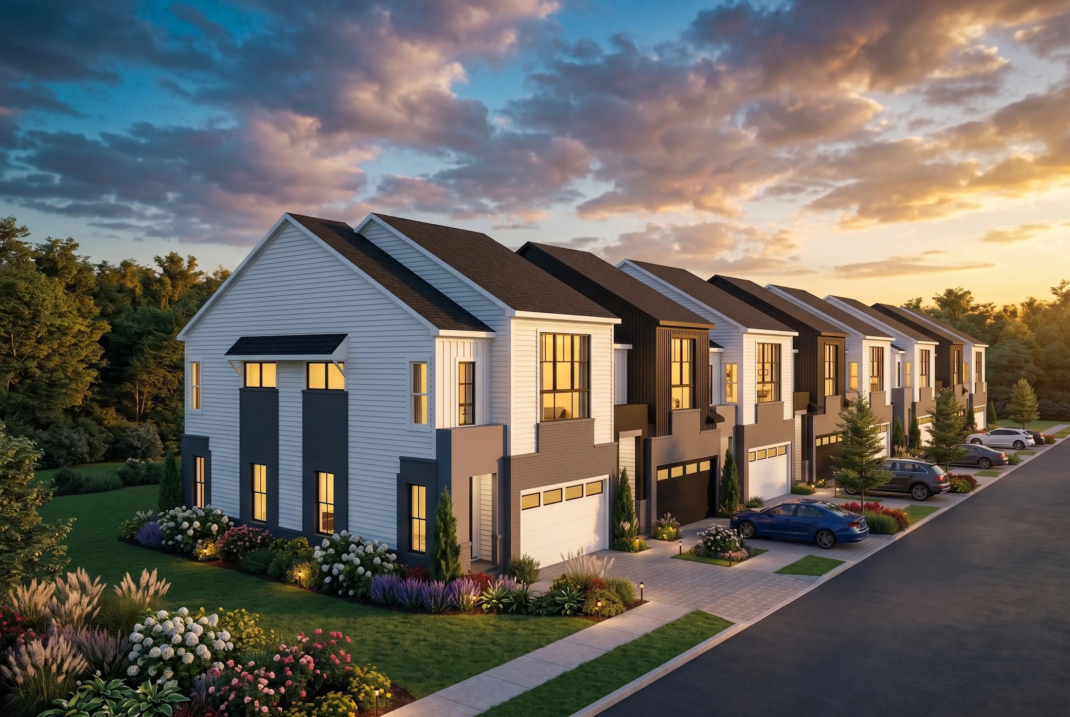 Row of modern two-story townhomes at sunset at Troy Trail North