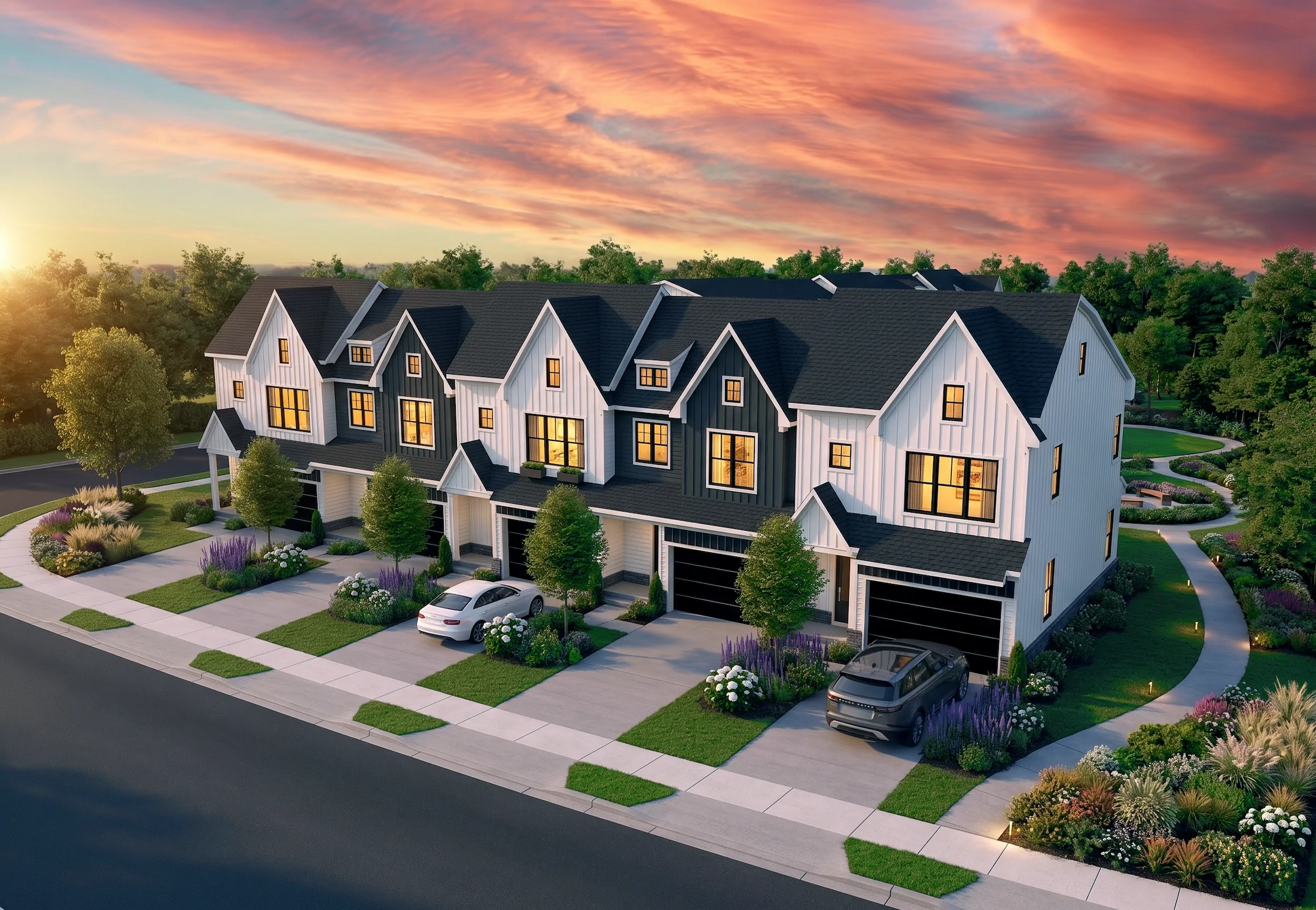 Aerial view of farmhouse-style townhomes with landscaped front yards at sunset