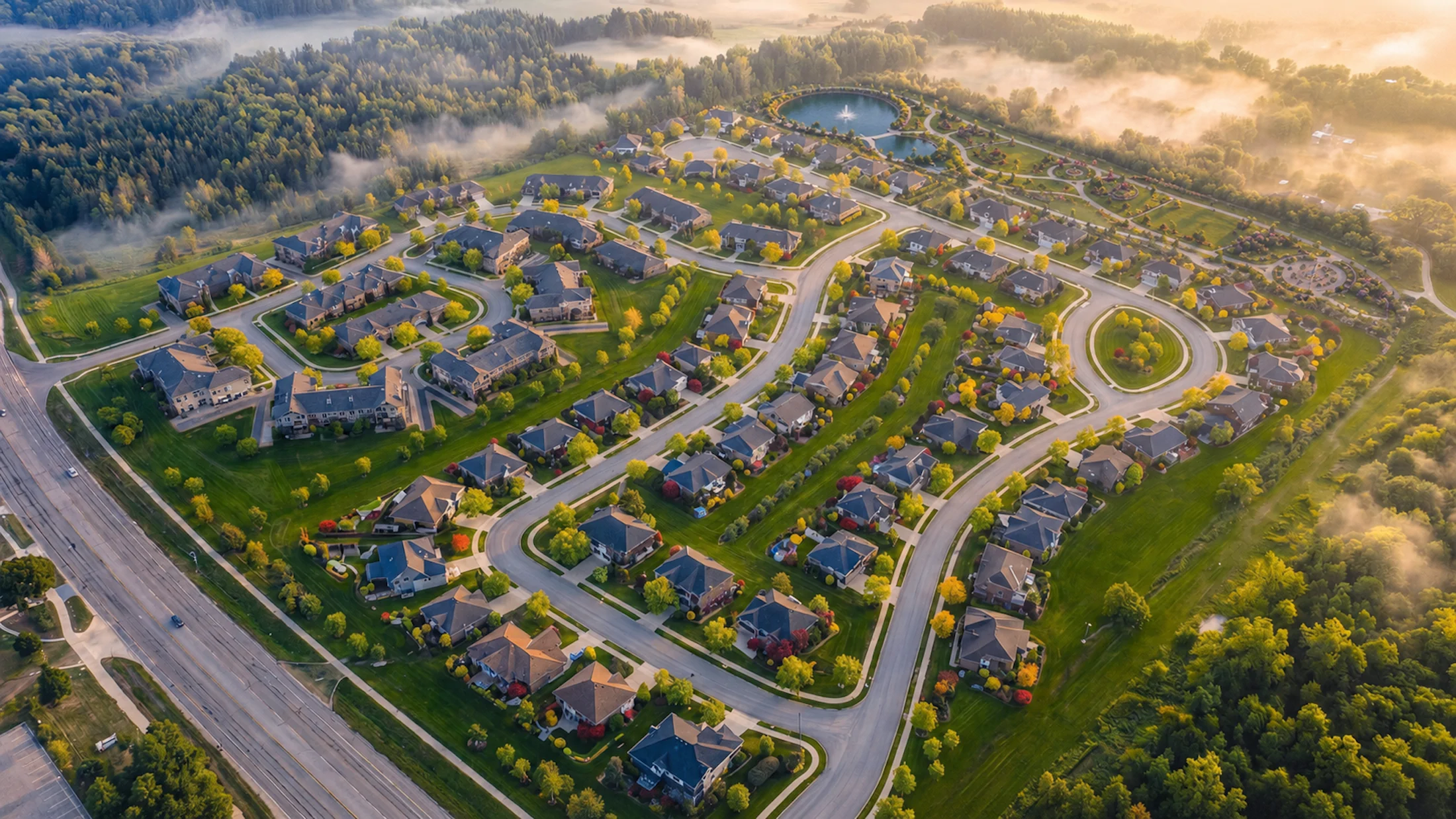 Aerial view of the Troy Trail North community at sunrise with tree-lined streets and trails