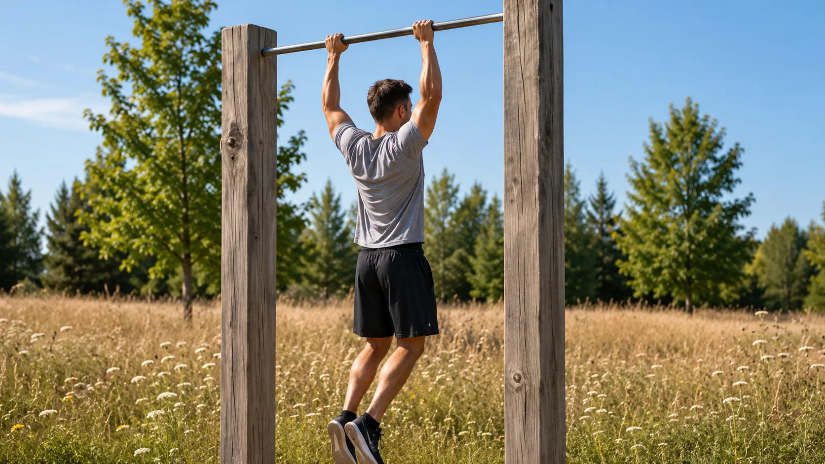 Man doing pull-ups at an outdoor fitness station at Mondrian Parc