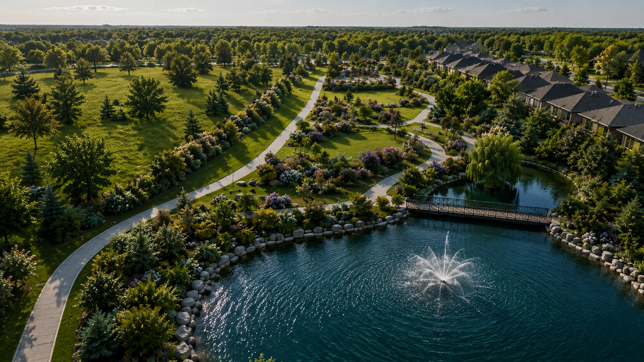 Aerial view of Mondrian Parc with walking trails, gardens, and a pond with fountain