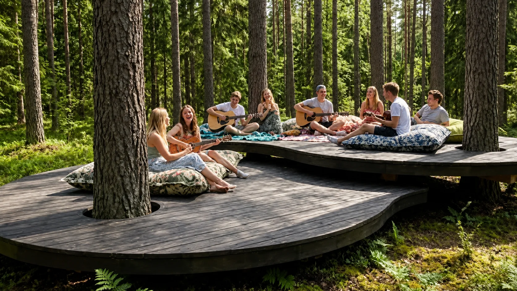 Friends relaxing and playing music on a deck at Mondrian Parc