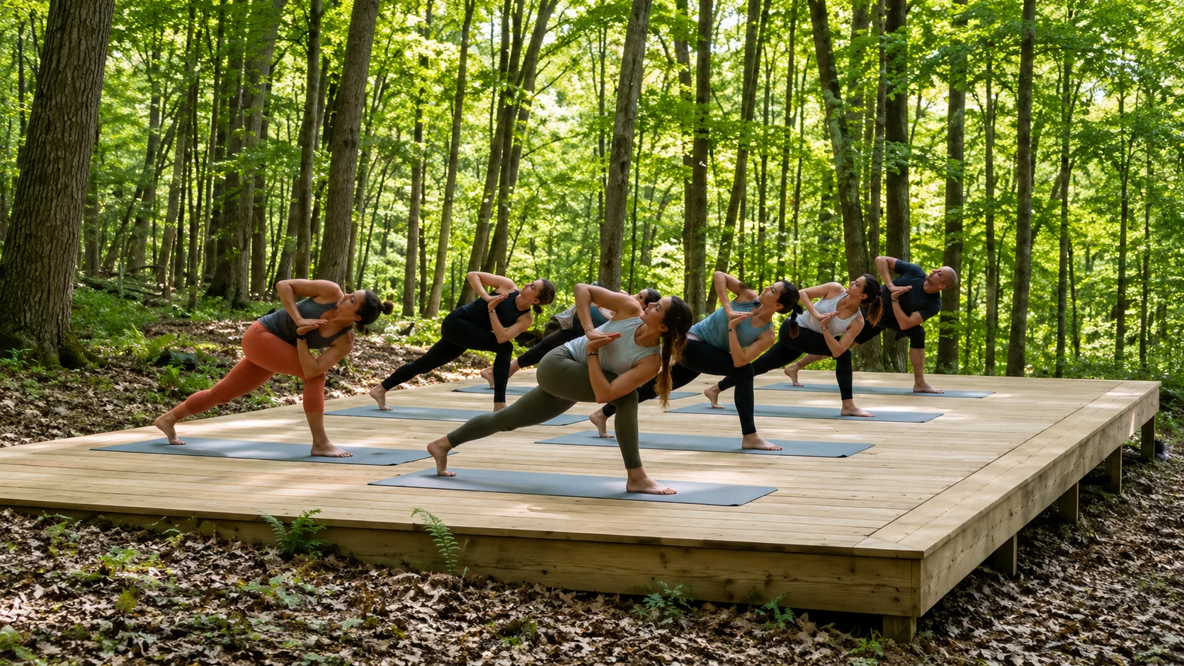 Group yoga session on an outdoor platform in the woods at Mondrian Parc