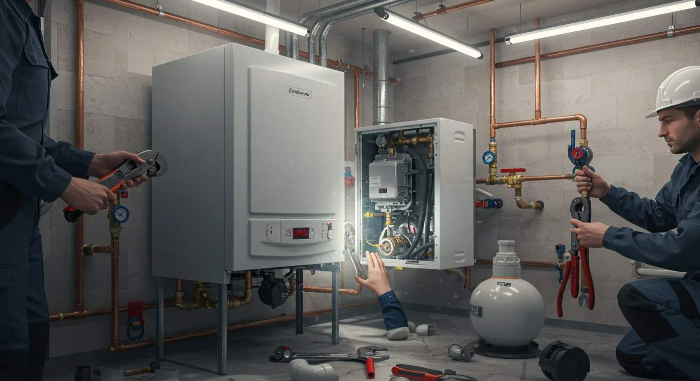Technicians work on a white boiler unit in a mechanical room, surrounded by tools and pipes, focused on repairs. 