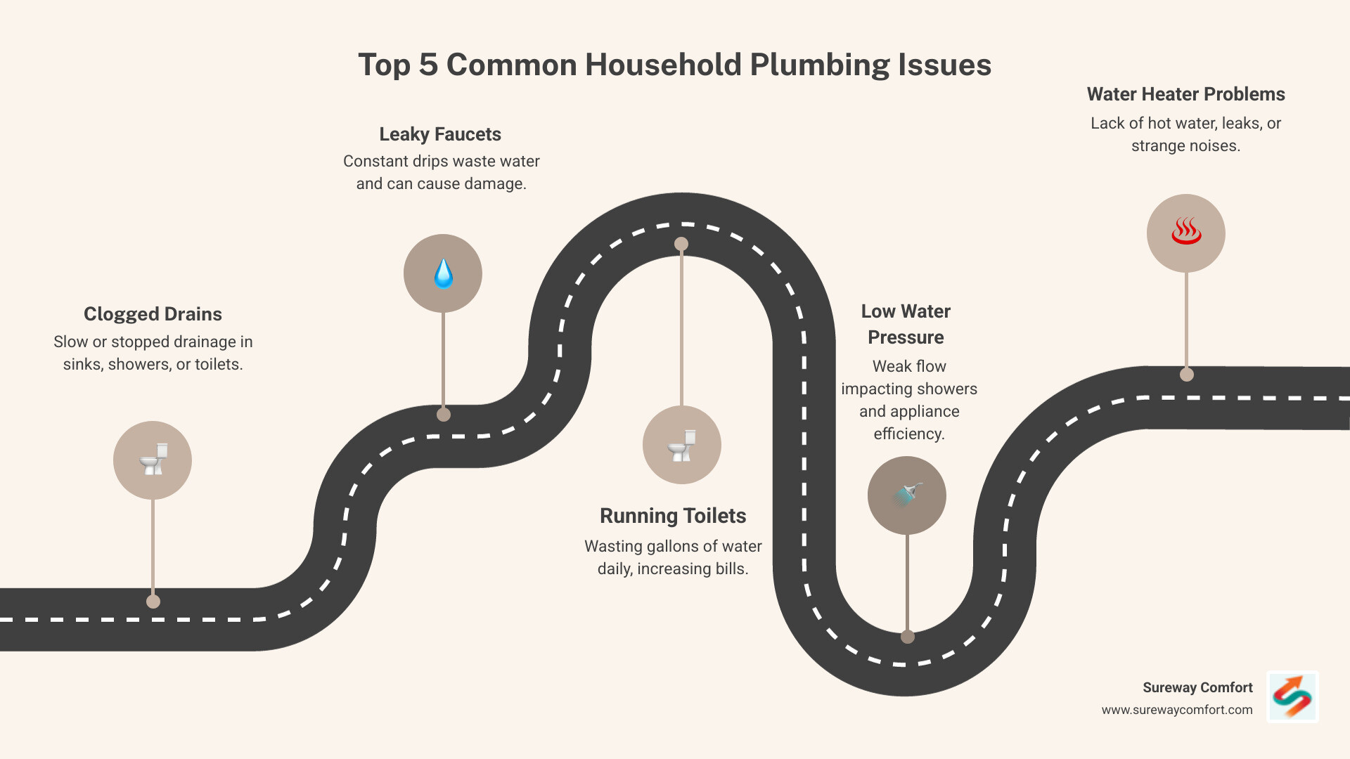 Infographic showing the top 5 most common household plumbing problems: clogged drains, leaky faucets, running toilets, low water pressure, and water heater issues, with statistics on frequency and average repair costs in Bethel Park - plumbers bethel park infographic roadmap-5-steps