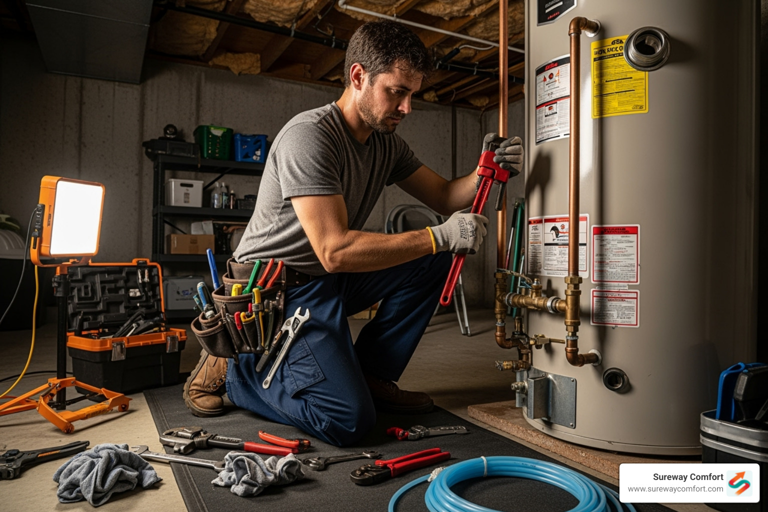 A plumber working on a water heater, highlighting the professional service - plumbers bethel park