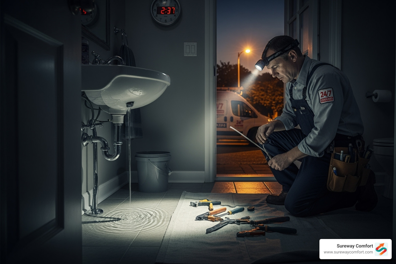 A plumber working at night with a headlamp, emphasizing 24/7 emergency services - plumbers bethel park