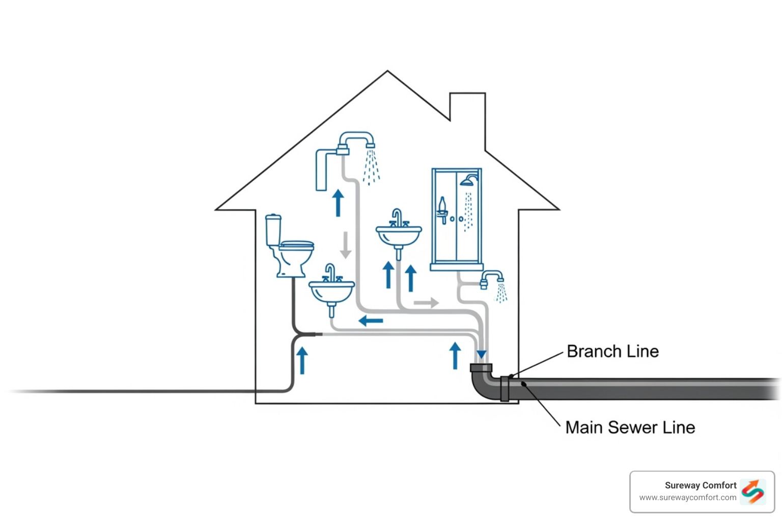 Image of a home's plumbing system showing main line vs. branch drains - blocked sewer pipe