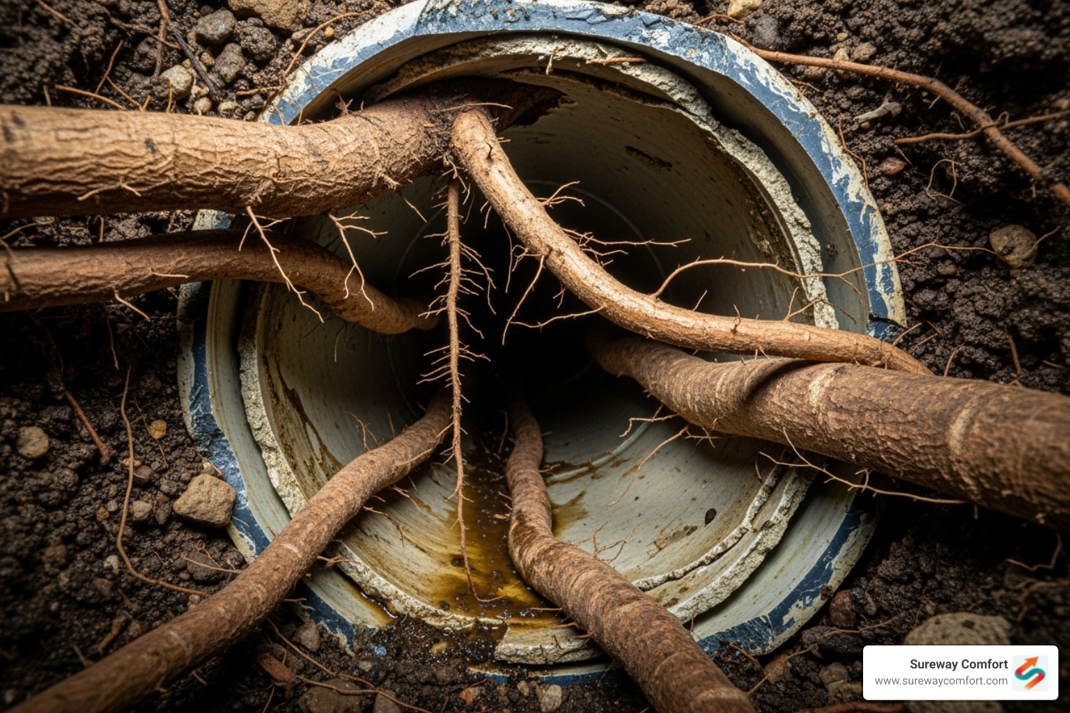 Image of tree roots that have grown inside a sewer pipe - blocked sewer pipe