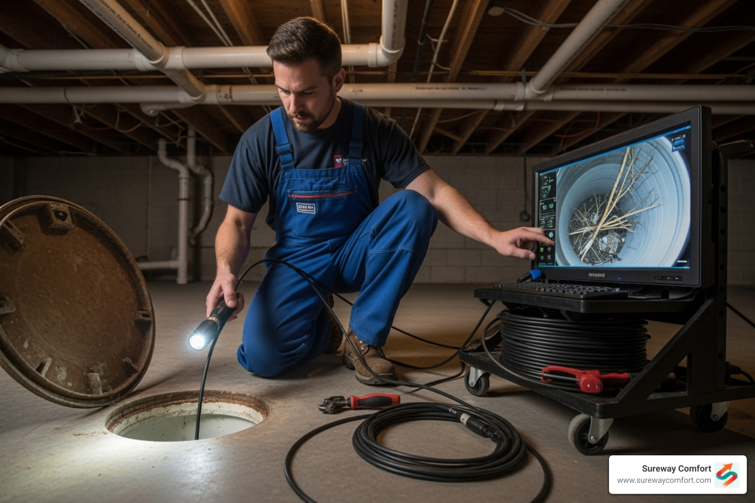 Image of a plumber performing a video camera sewer inspection - blocked sewer pipe