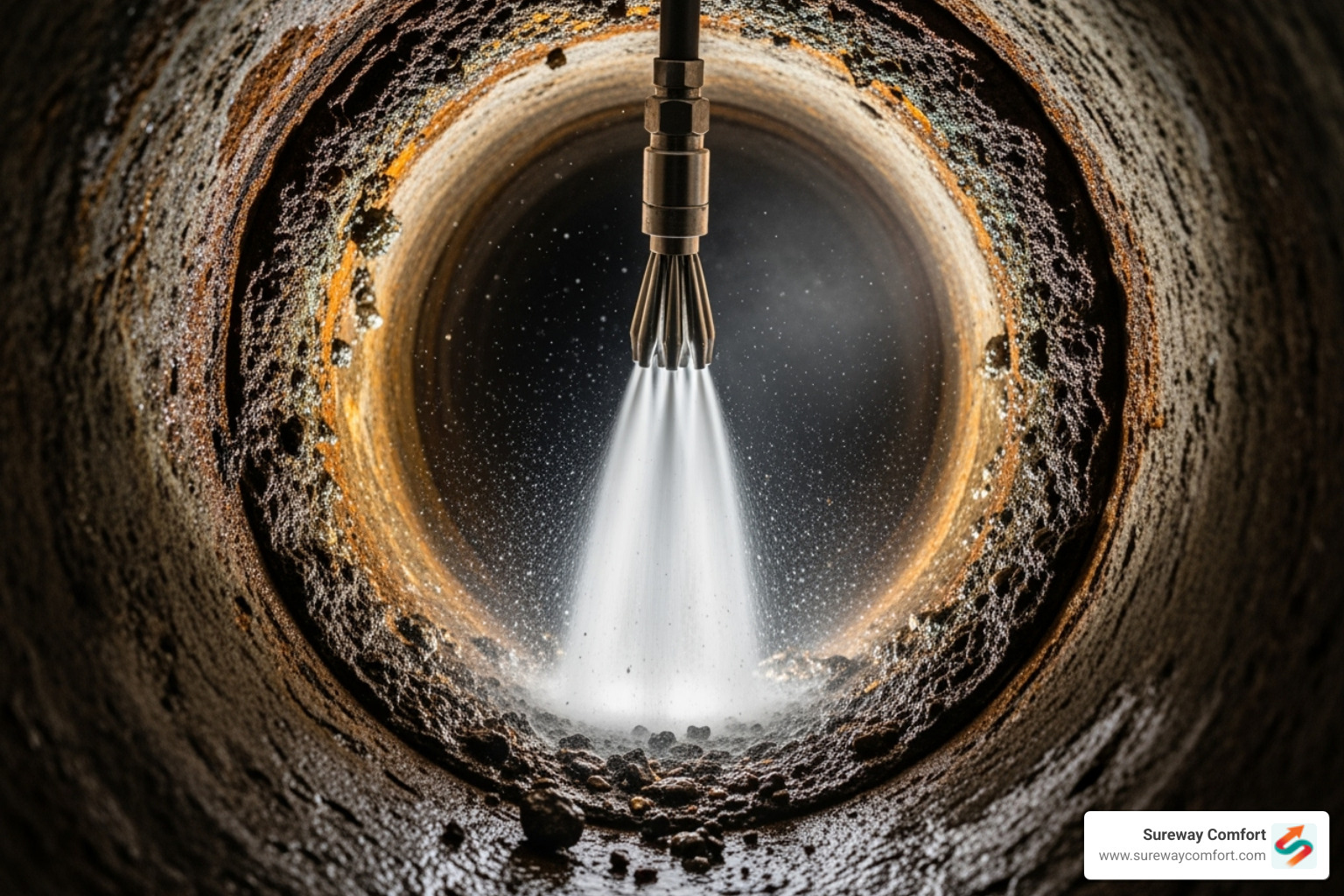 a hydro-jetting nozzle cleaning a pipe - sewer line repair