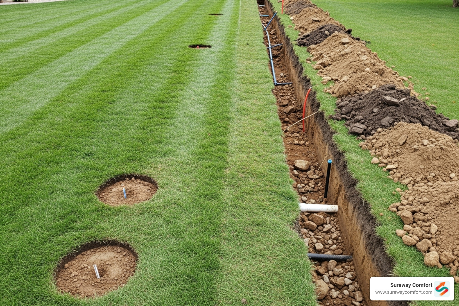 comparing a neat yard with two small holes (trenchless) vs. a yard with a large trench (traditional) - sewer line repair
