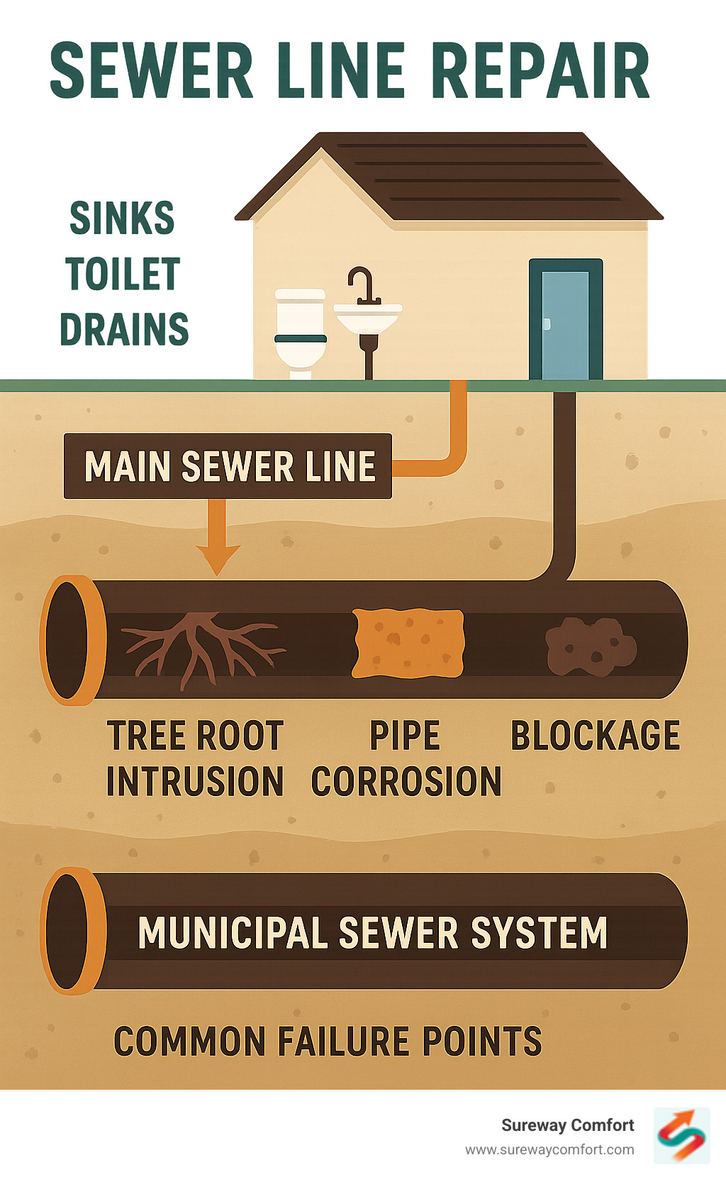 Infographic showing the path of wastewater from home fixtures through the main sewer line to the municipal system, including common failure points like tree root intrusion, pipe corrosion, and blockages - sewer line repair infographic 
