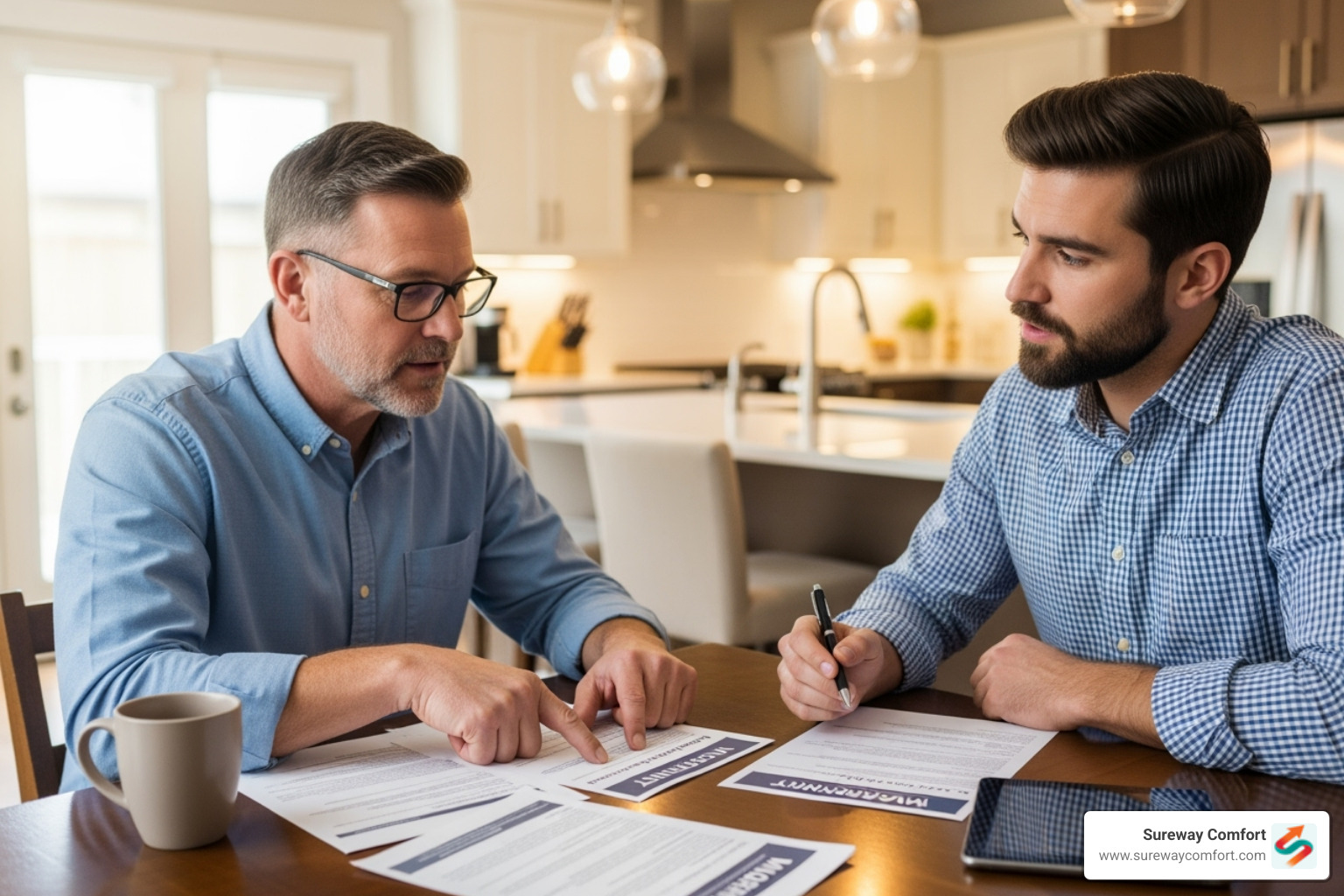 homeowner reviewing warranty documents with a professional plumber - tankless water heater warranty