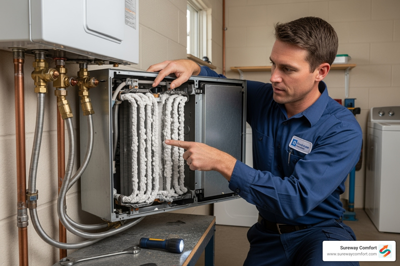 technician pointing out scale buildup - tankless water heater warranty