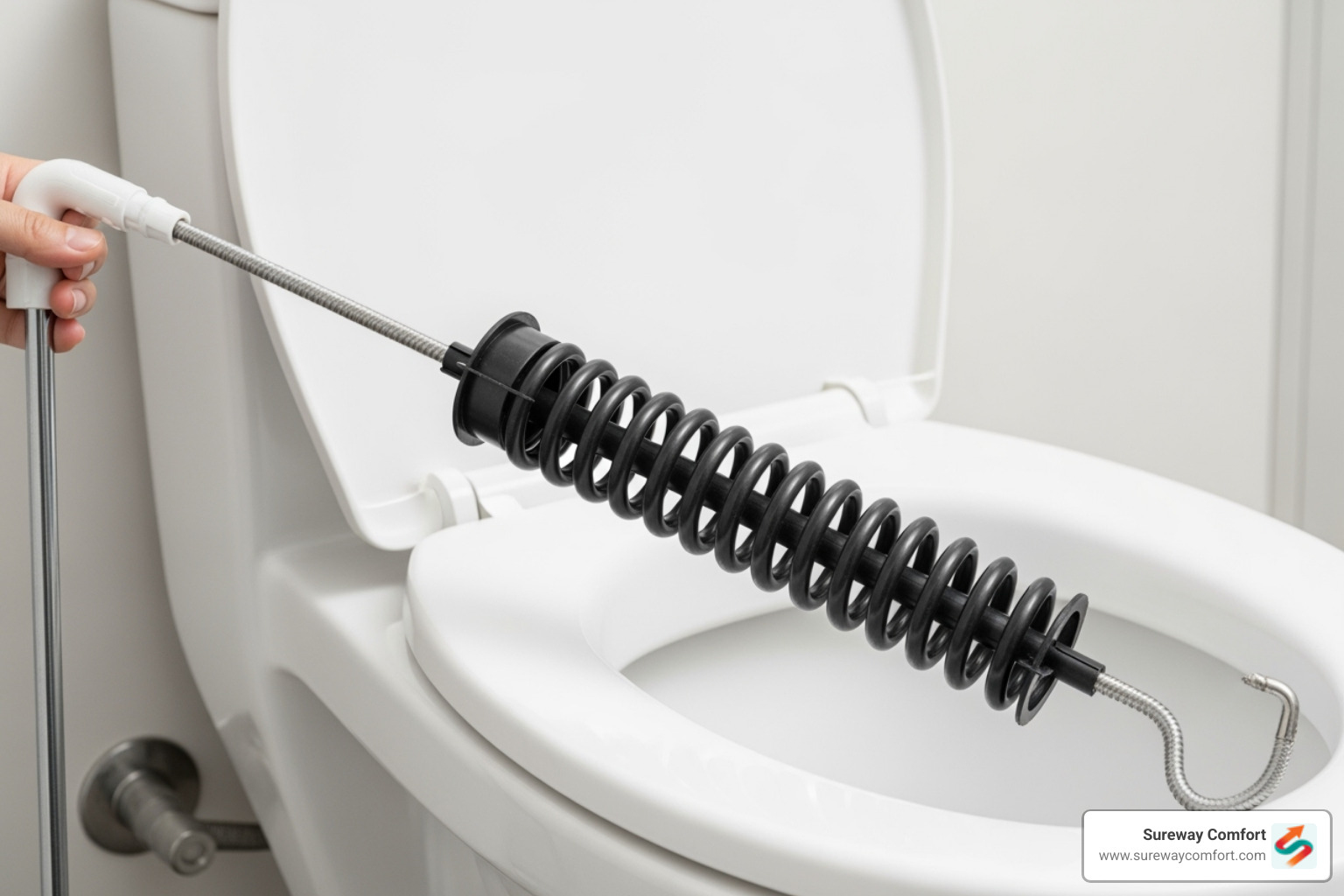 A toilet auger (closet snake) with its protective sleeve, ready for use - clogged toilet repair