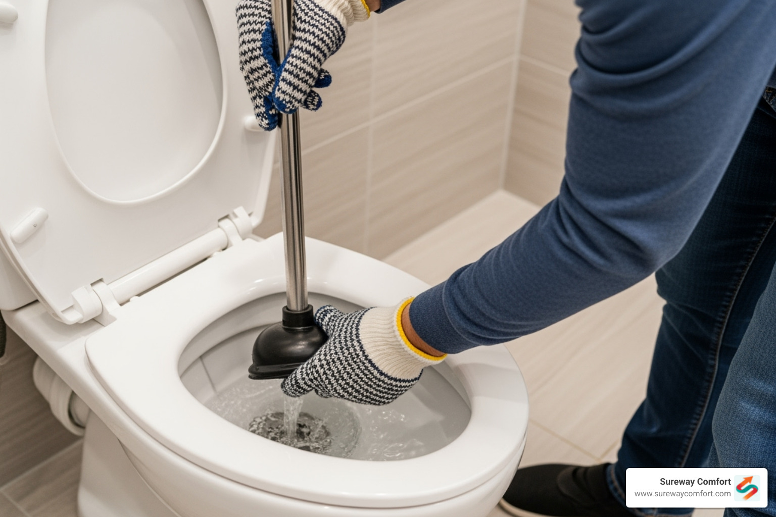 A person correctly using a flange plunger on a toilet, demonstrating proper seal and plunging motion - clogged toilet repair