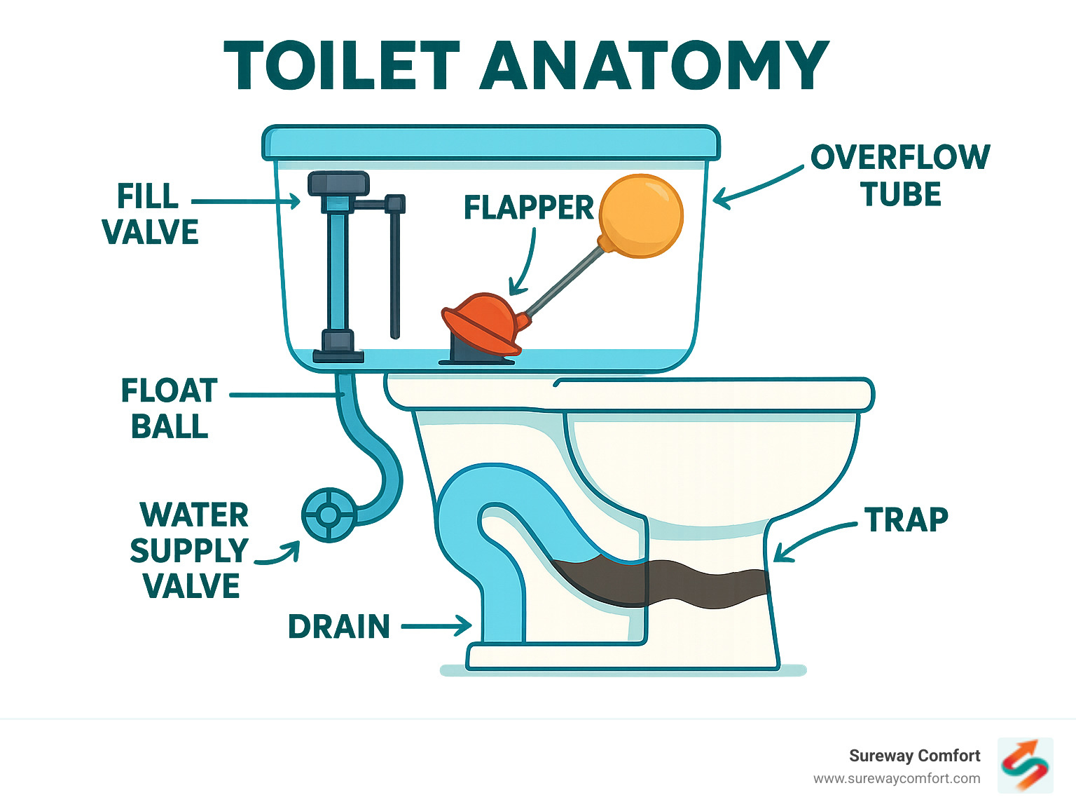 Detailed toilet anatomy infographic showing tank components including flapper, fill valve, float ball, and overflow tube, plus bowl components including trap, drain, and water supply valve with labels and arrows - clogged toilet repair infographic 