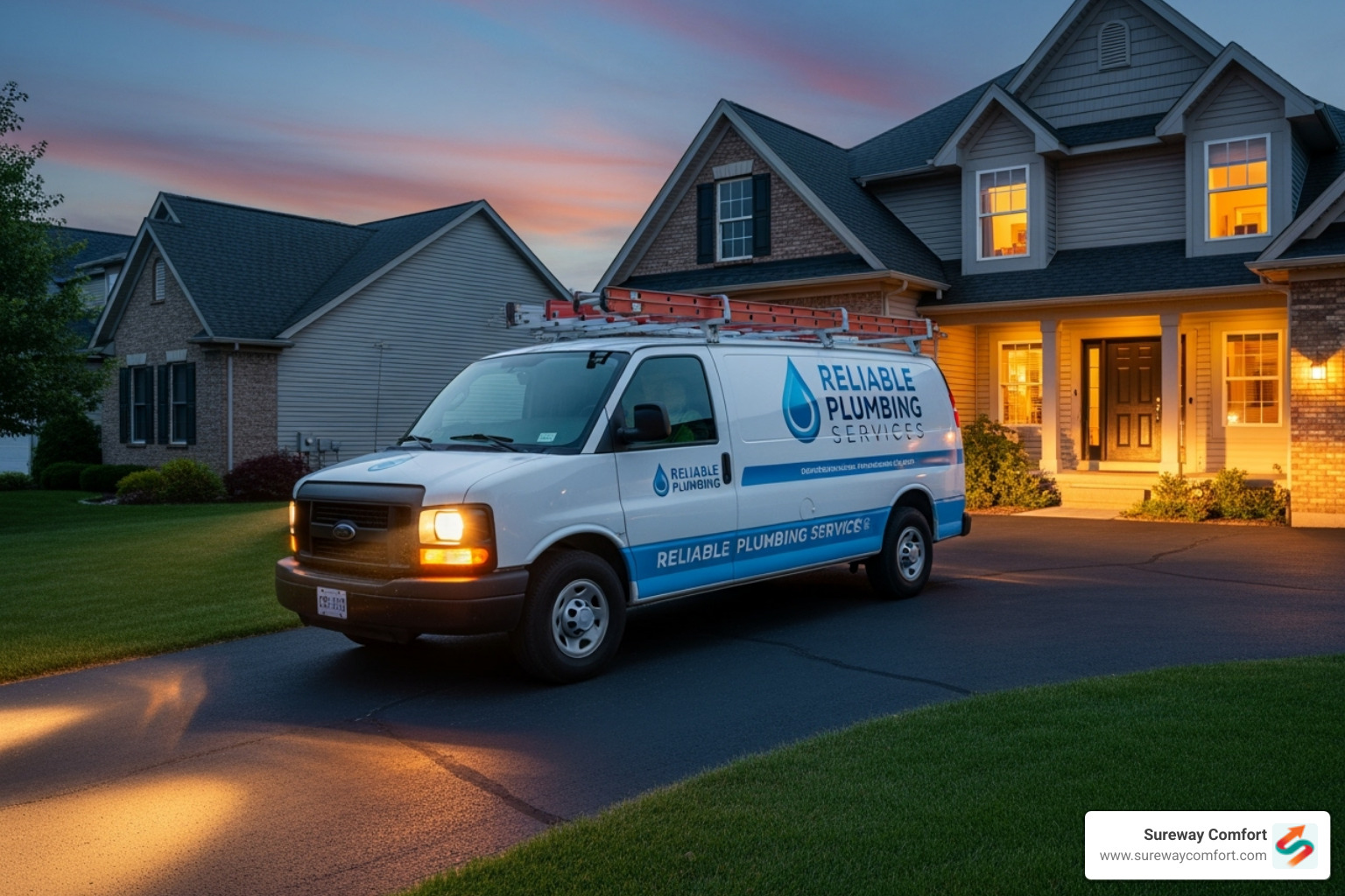 service van arriving at a home at dusk - plumbing mt. lebanon