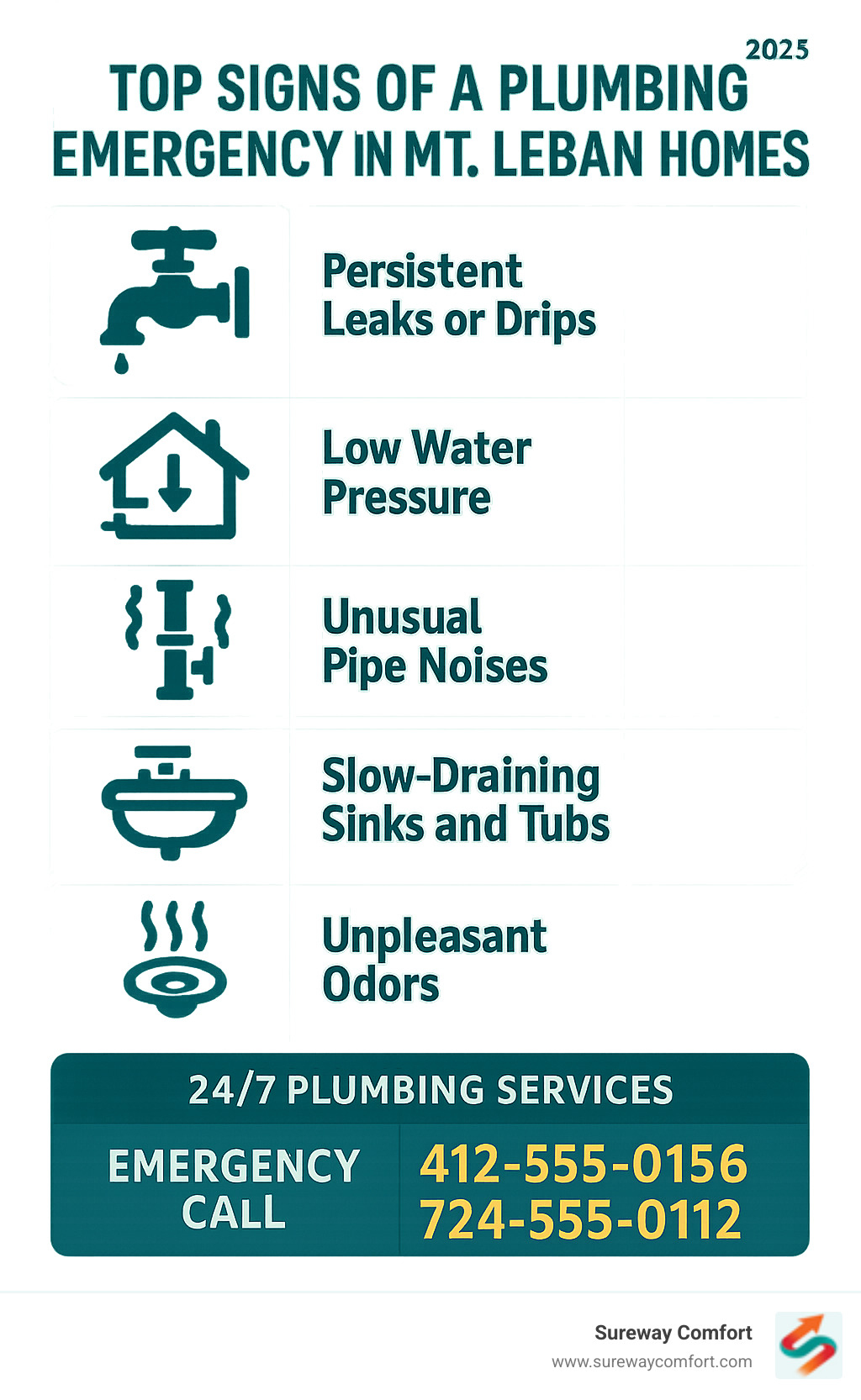 Infographic showing the top 5 signs of a plumbing emergency in Mt. Lebanon homes: persistent leaks or drips, low water pressure throughout the house, unusual noises from pipes like gurgling or banging, slow-draining sinks and tubs, and unpleasant odors coming from drains - with emergency contact numbers for local 24/7 plumbing services - plumbing mt. lebanon infographic 