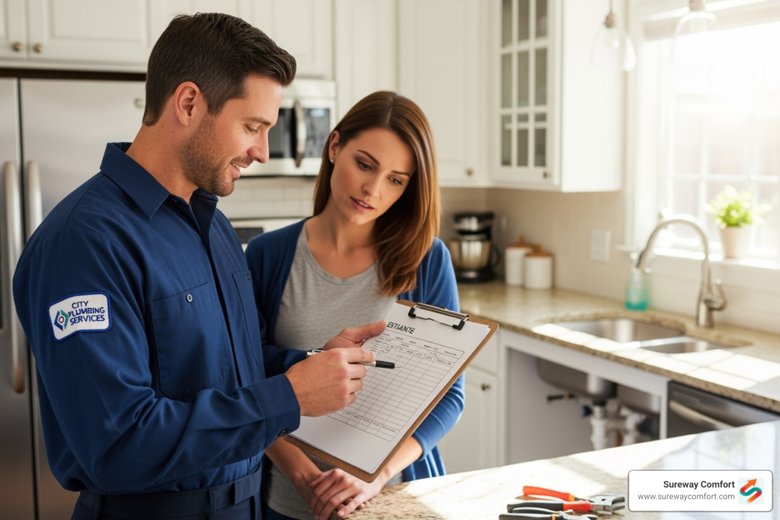 licensed plumber showing a customer a written estimate - plumbing mt. lebanon