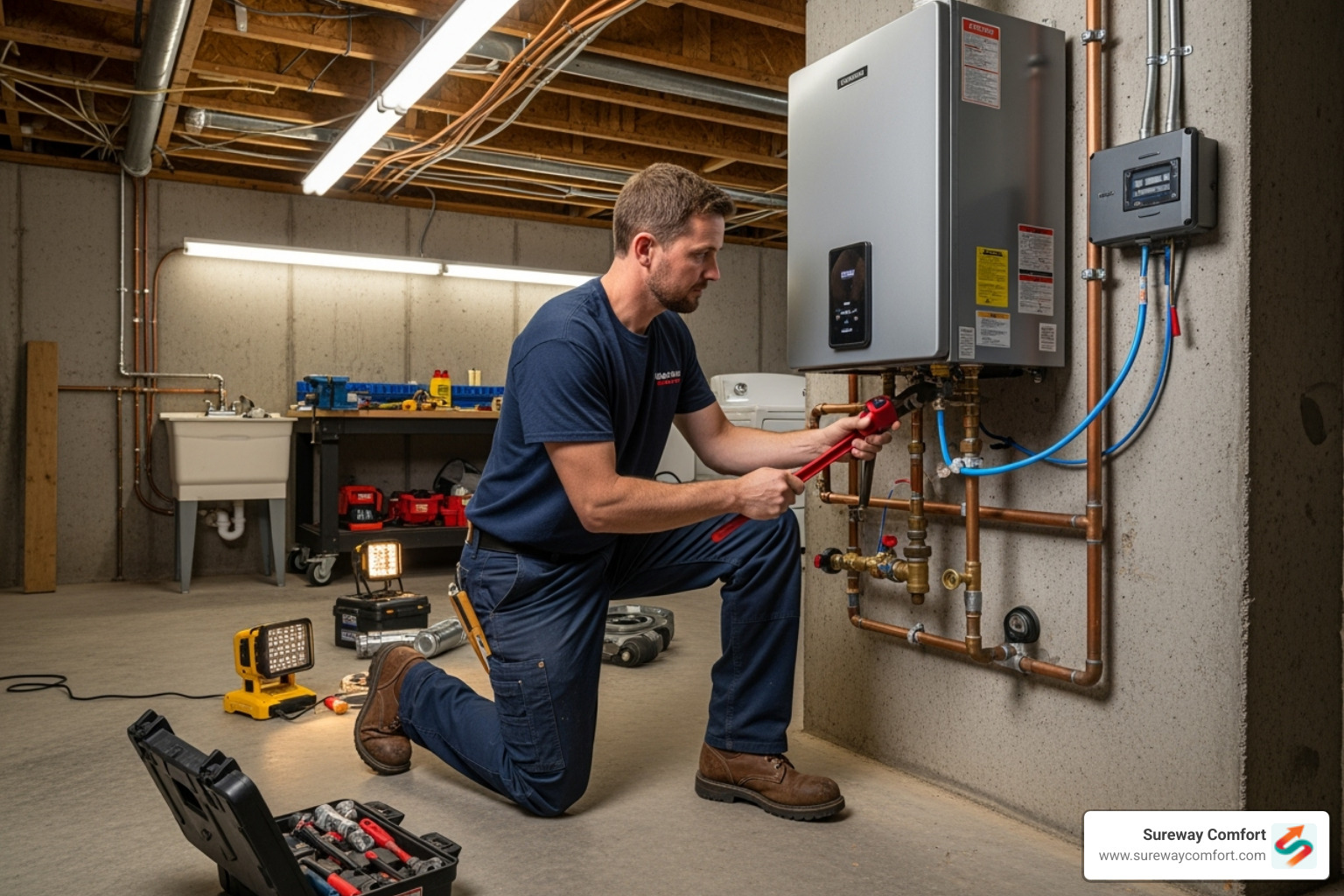 plumber working on a tankless water heater - plumbing mt. lebanon